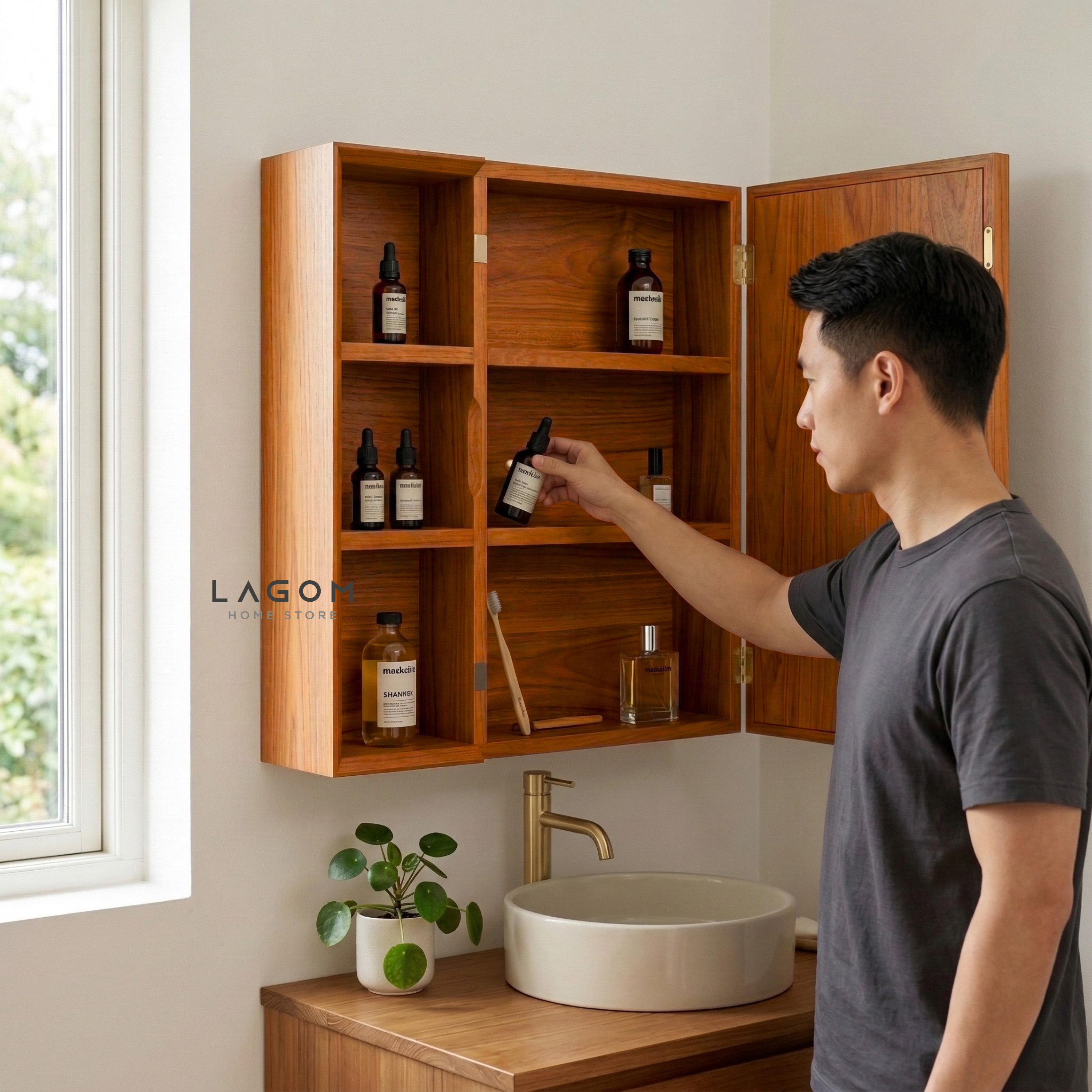 Teak Wall Mirror Cabinet with Storage Shelves Wall Storage Lagom Home Store Jati Furnitur Teak Furniture Jakarta