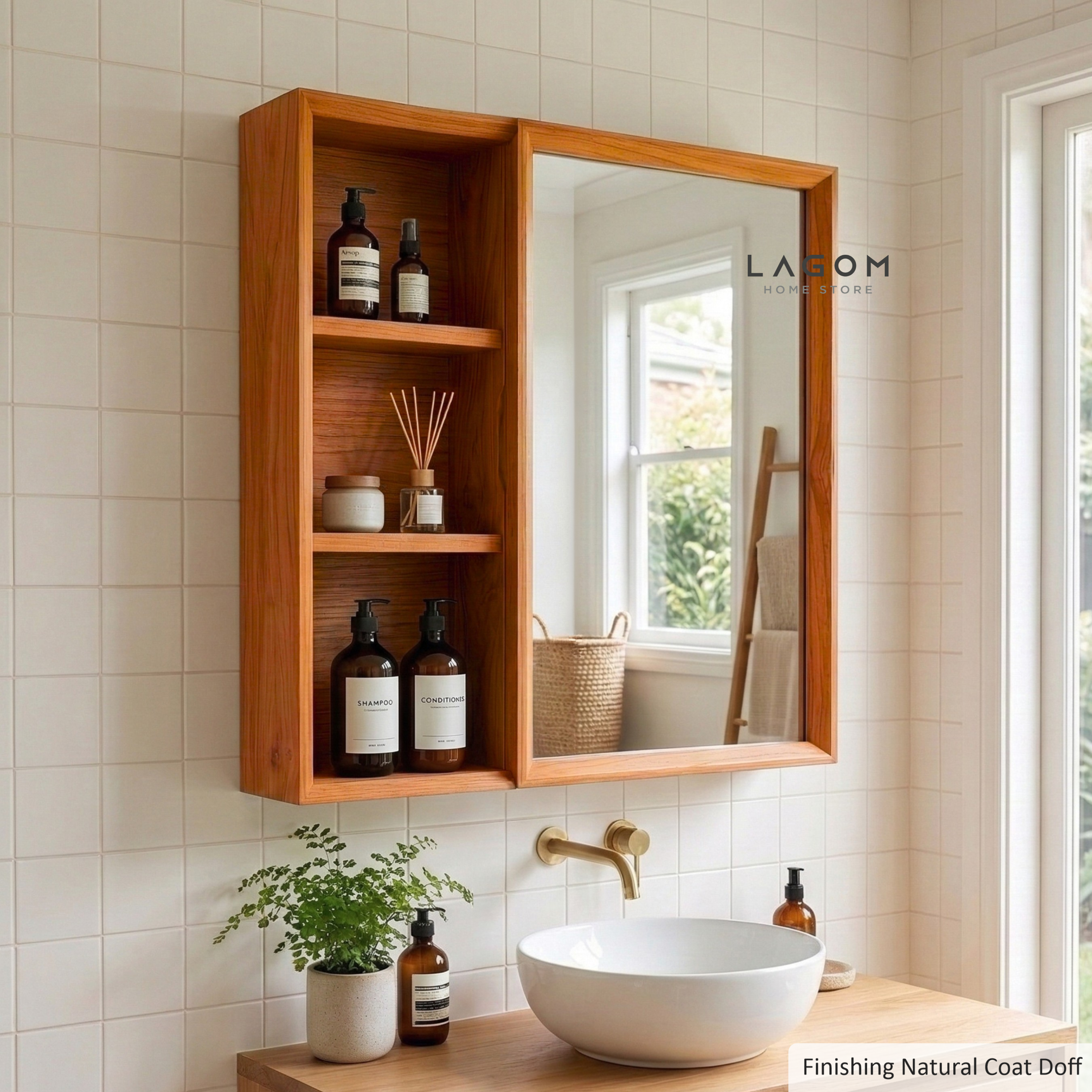Teak Wall Mirror Cabinet with Storage Shelves Wall Storage Lagom Home Store Jati Furnitur Teak Furniture Jakarta