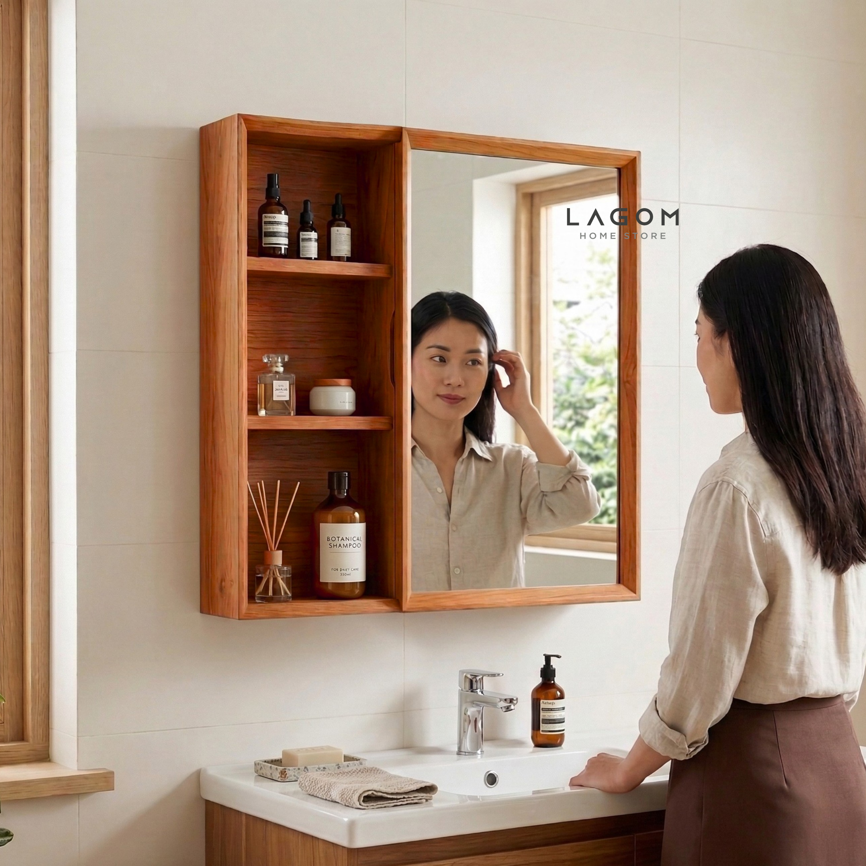 Teak Wall Mirror Cabinet with Storage Shelves Wall Storage Lagom Home Store Jati Furnitur Teak Furniture Jakarta