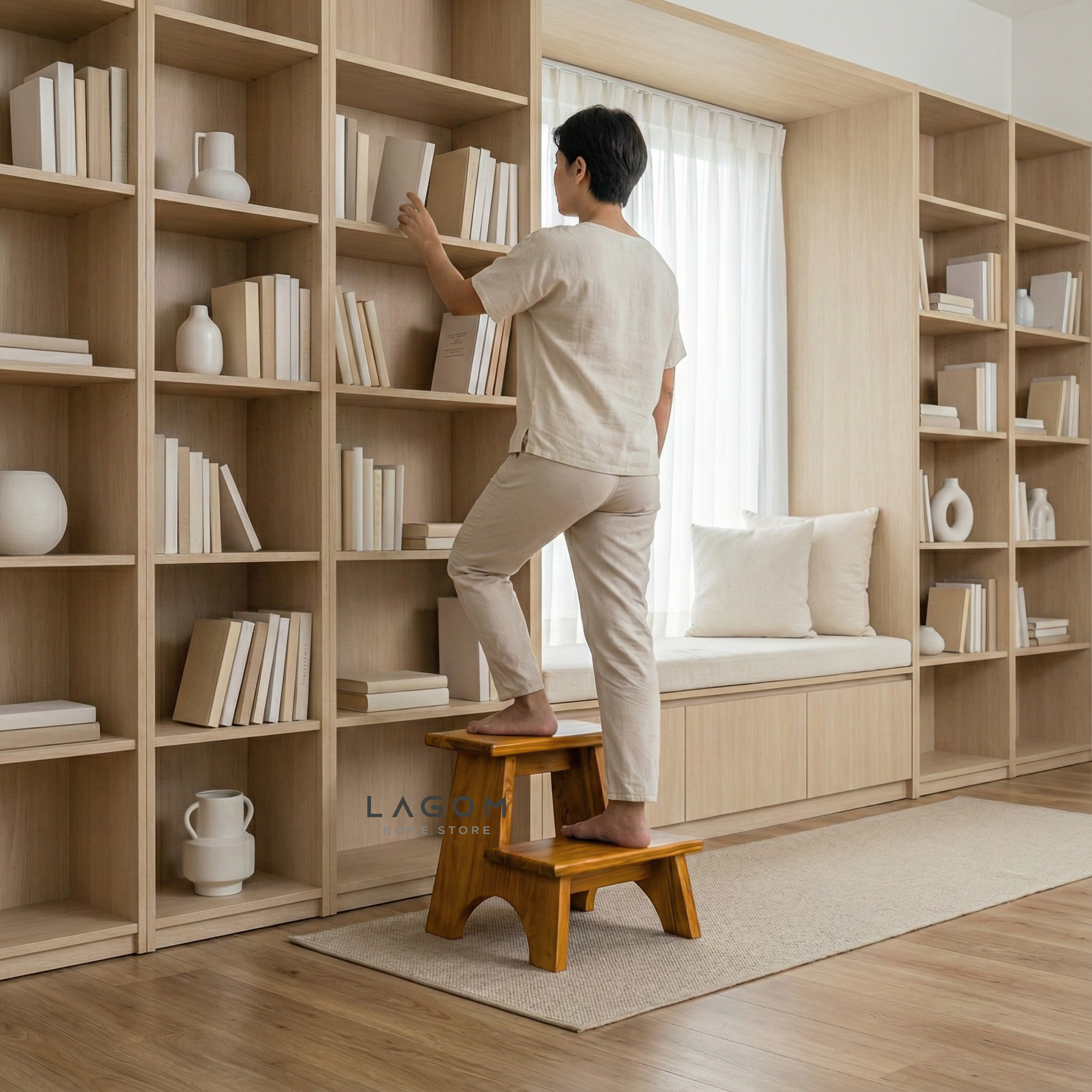 Teak Wood 2-Step Stool Step Stool Lagom Home Store Jati Furnitur Teak Furniture Jakarta