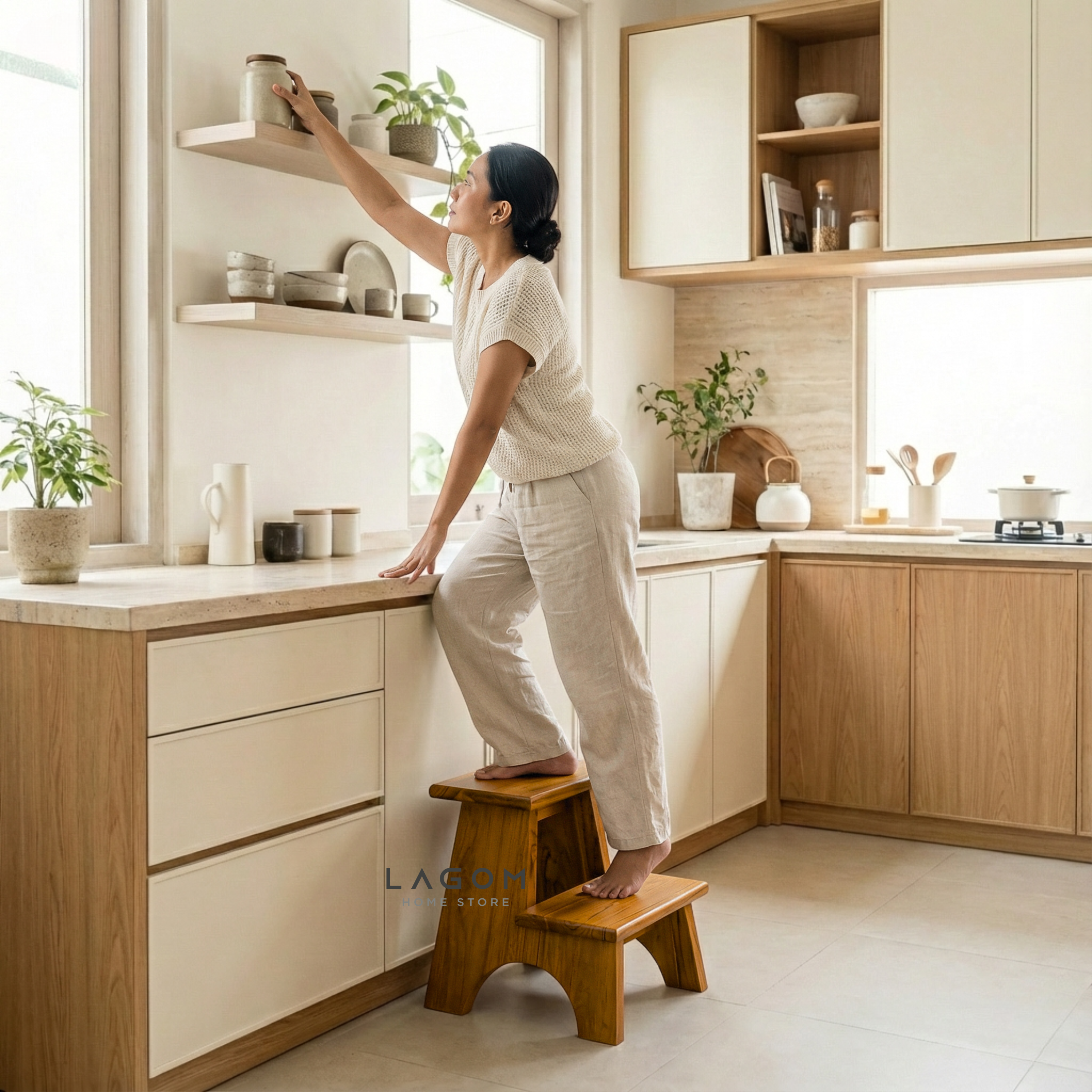 Teak Wood 2-Step Stool Step Stool Lagom Home Store Jati Furnitur Teak Furniture Jakarta