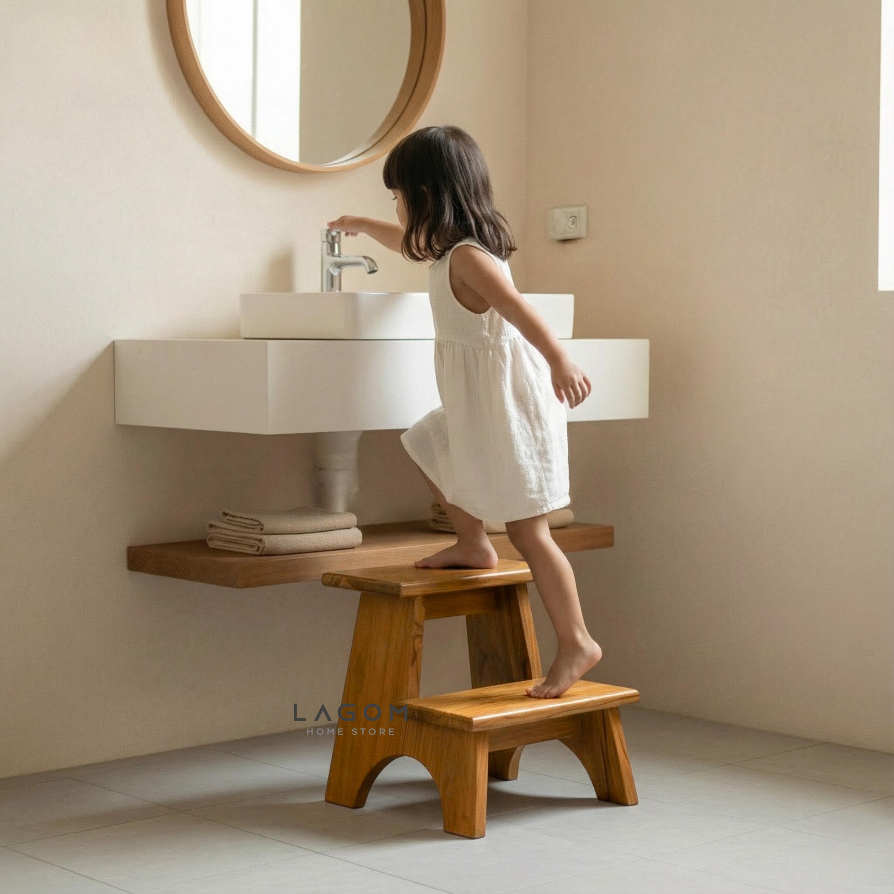 Teak Wood 2-Step Stool Step Stool Lagom Home Store Jati Furnitur Teak Furniture Jakarta