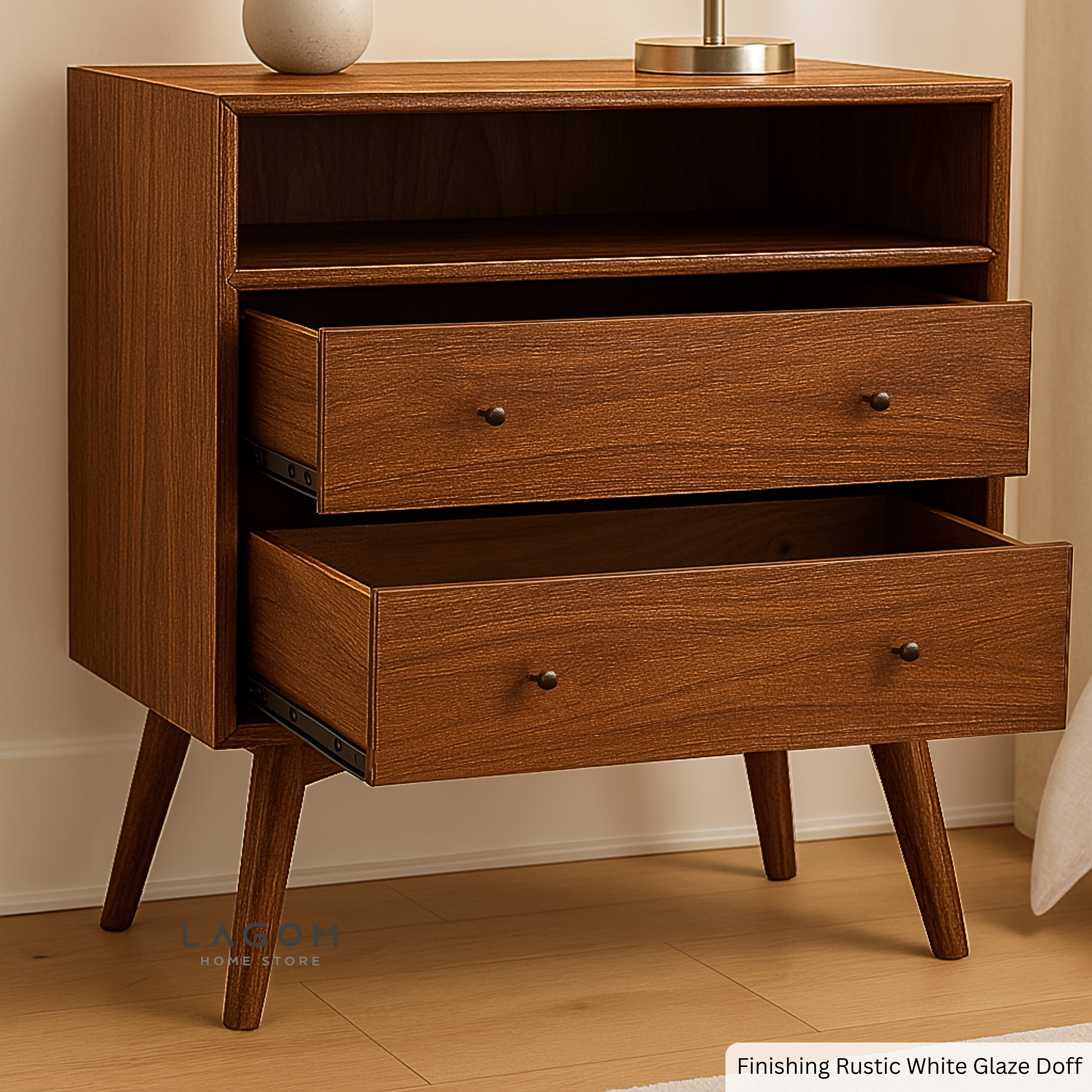 Teak Wood Bedside with Open Shelf and Drawers Side Table Lagom Home Store Jati Furnitur Teak Furniture Jakarta