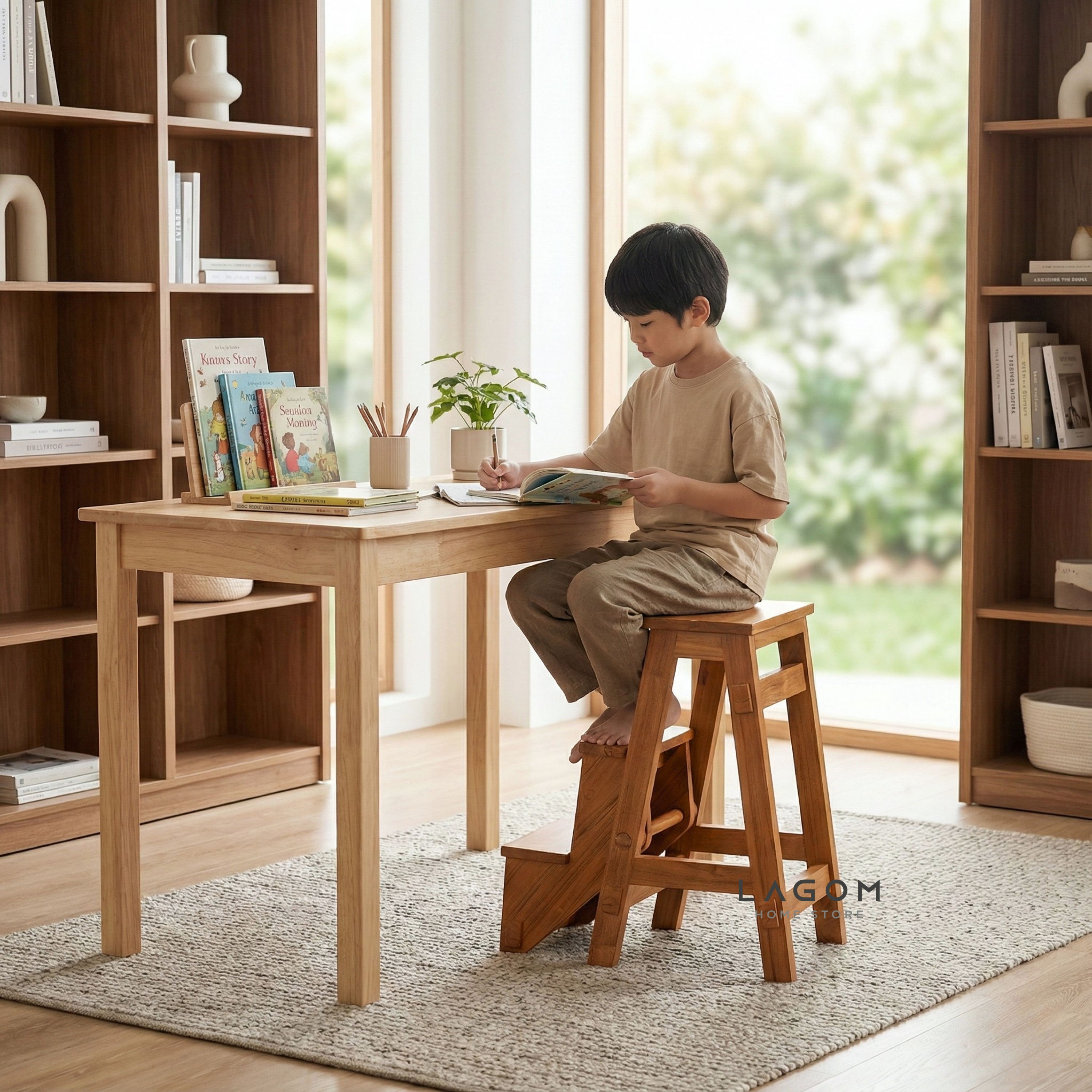 Teak Wood Convertible Step Stool & Bar Stool Step Stool Lagom Home Store Jati Furnitur Teak Furniture Jakarta