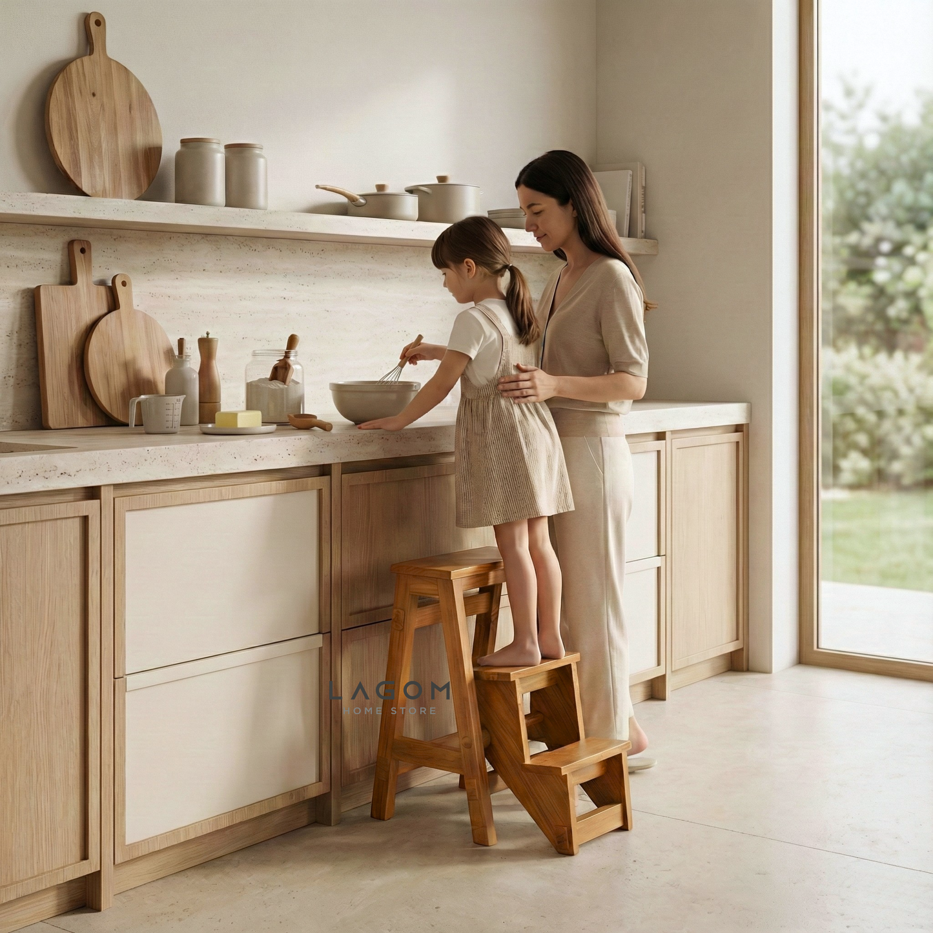 Teak Wood Convertible Step Stool & Bar Stool Step Stool Lagom Home Store Jati Furnitur Teak Furniture Jakarta