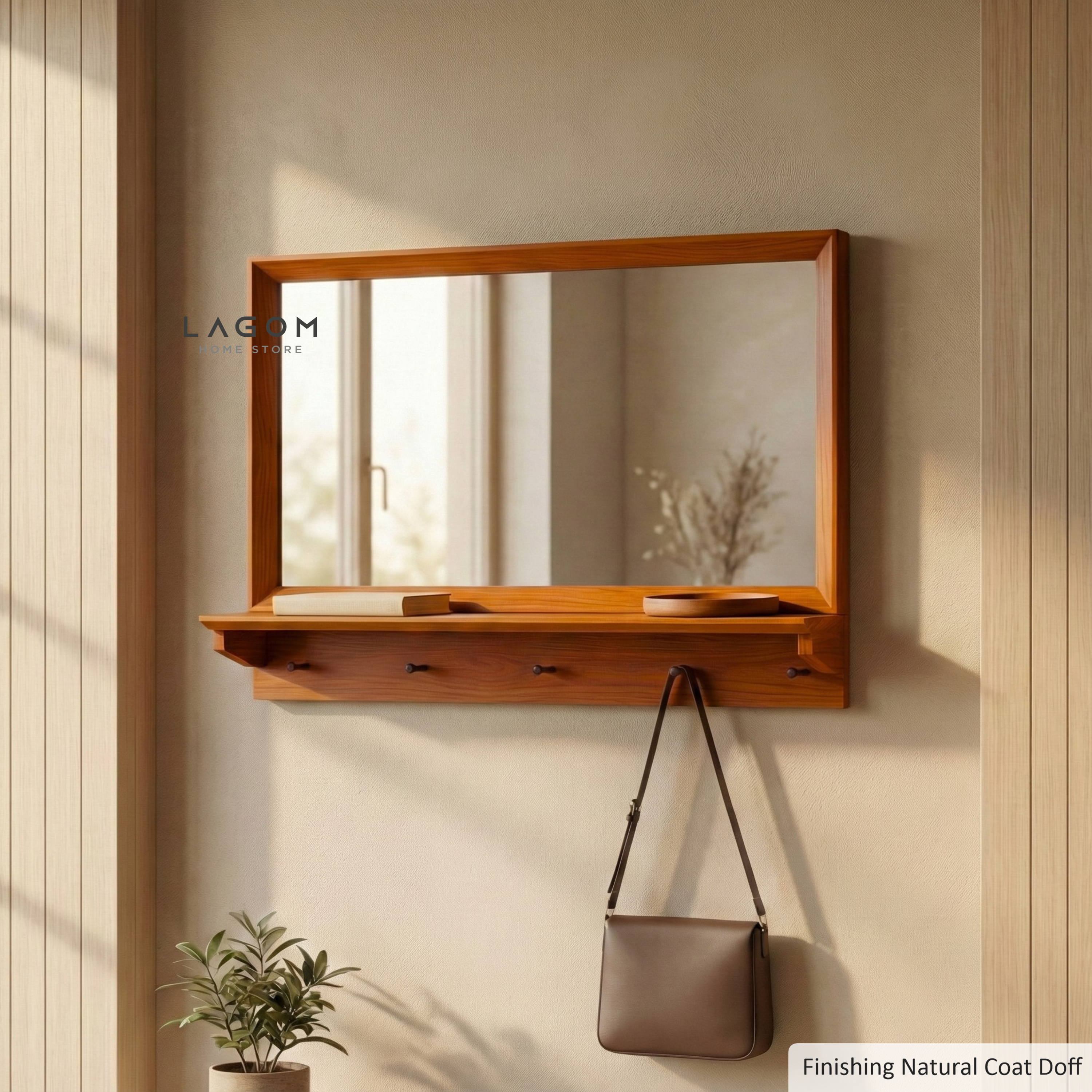 Teak Wood Wall Hanger with Mirror & Shelf Wall Coat Hanger Lagom Home Store Jati Furnitur Teak Furniture Jakarta