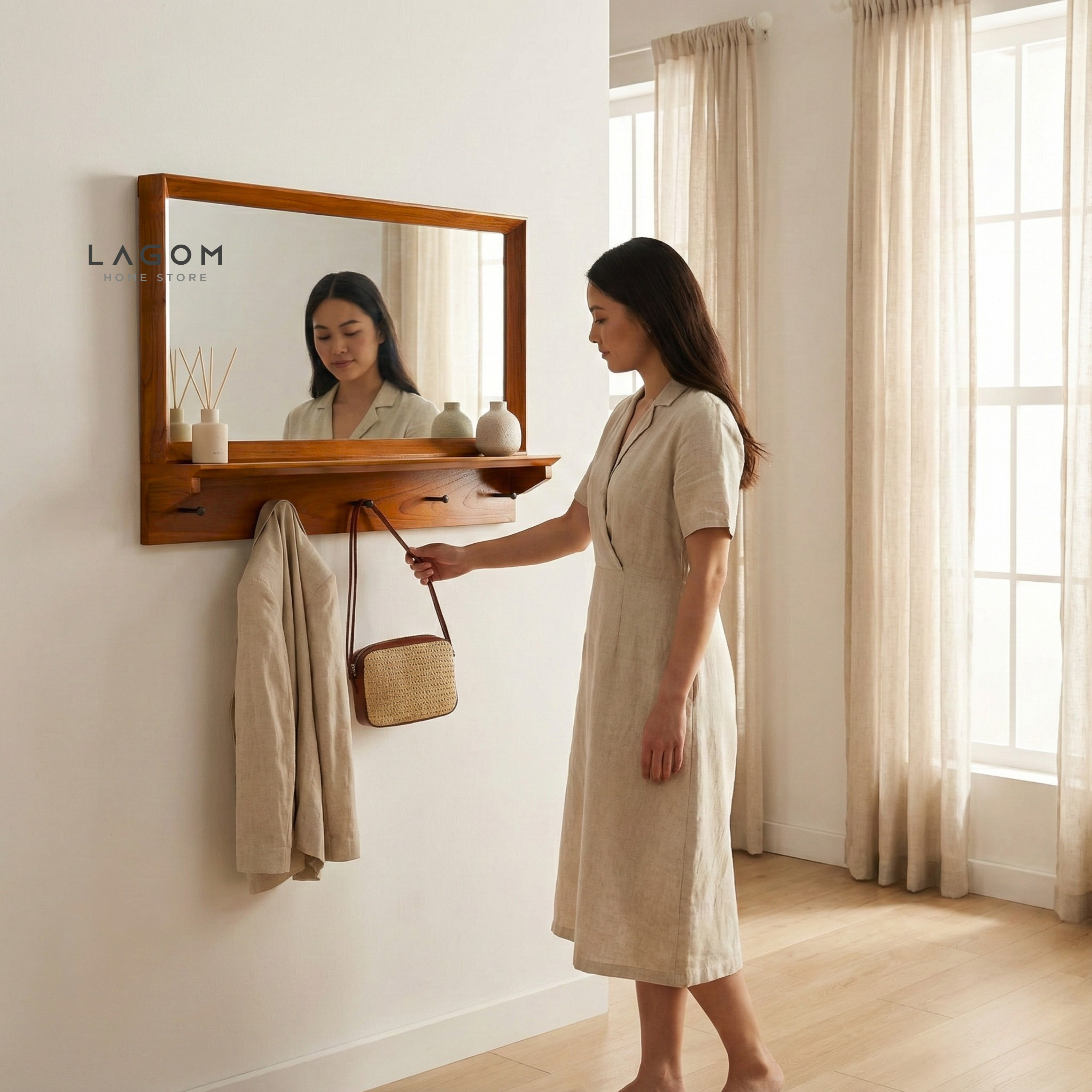 Teak Wood Wall Hanger with Mirror & Shelf Wall Coat Hanger Lagom Home Store Jati Furnitur Teak Furniture Jakarta