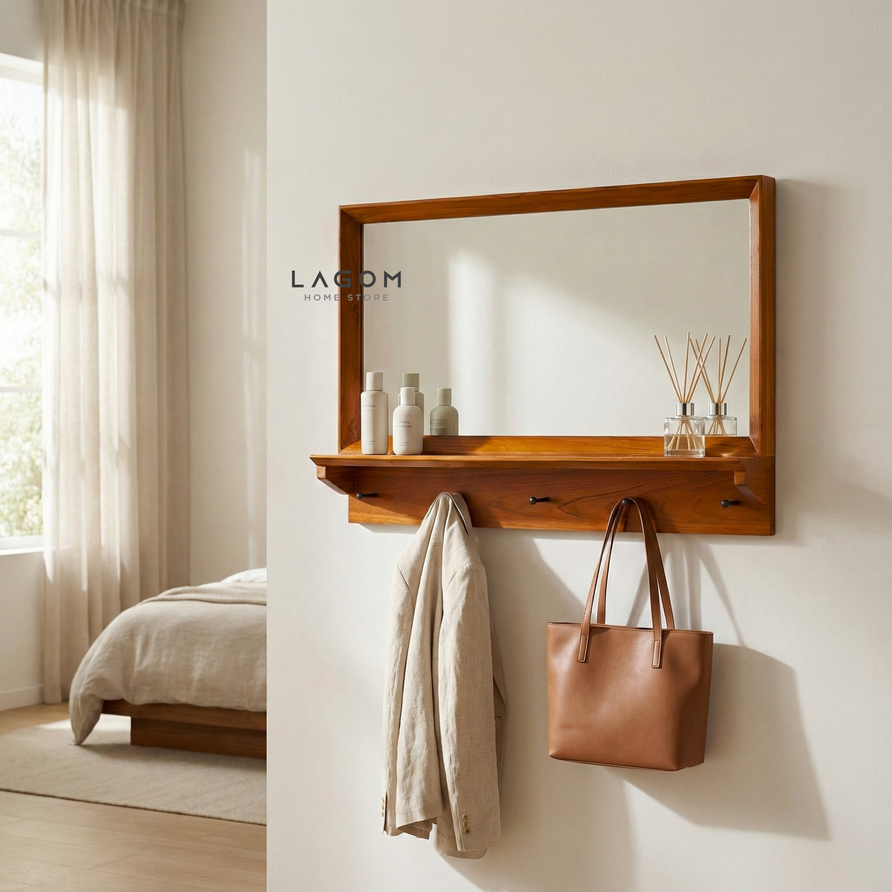Teak Wood Wall Hanger with Mirror & Shelf Wall Coat Hanger Lagom Home Store Jati Furnitur Teak Furniture Jakarta