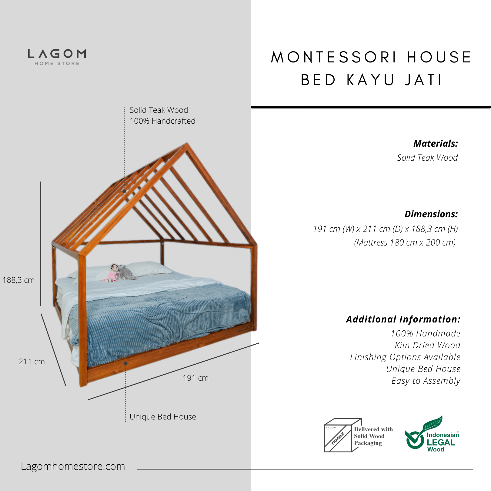 Tempat Tidur/House Bed/Montessori Bed Material Kayu Jati 191 cm x 211 cm x 188.3 cm (Mattress 180 cm x 200 cm) Bed Frame Lagom Home Store Jati Furnitur Teak Furniture Jakarta