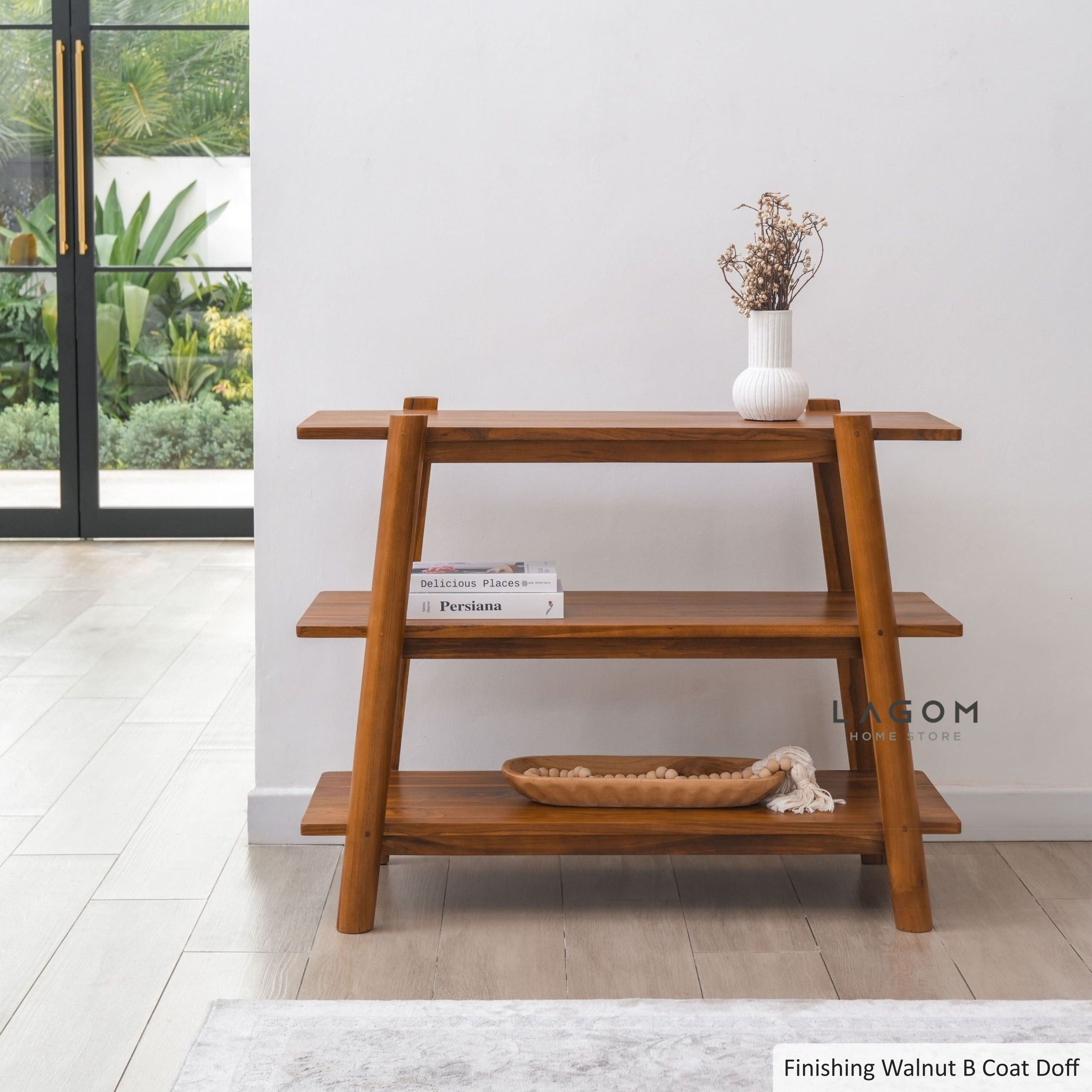 Three-Tiered Teak Console Table Console Table Lagom Home Store Jati Furnitur Teak Furniture Jakarta