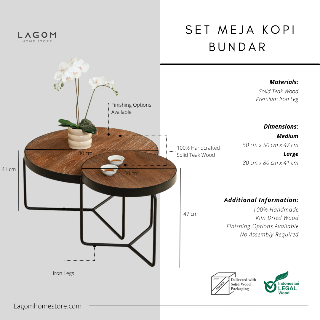 Timeless Round Teak Coffee Table Set - Solid Wood & Iron Coffee Table Lagom Home Store Jati Furnitur Teak Furniture Jakarta