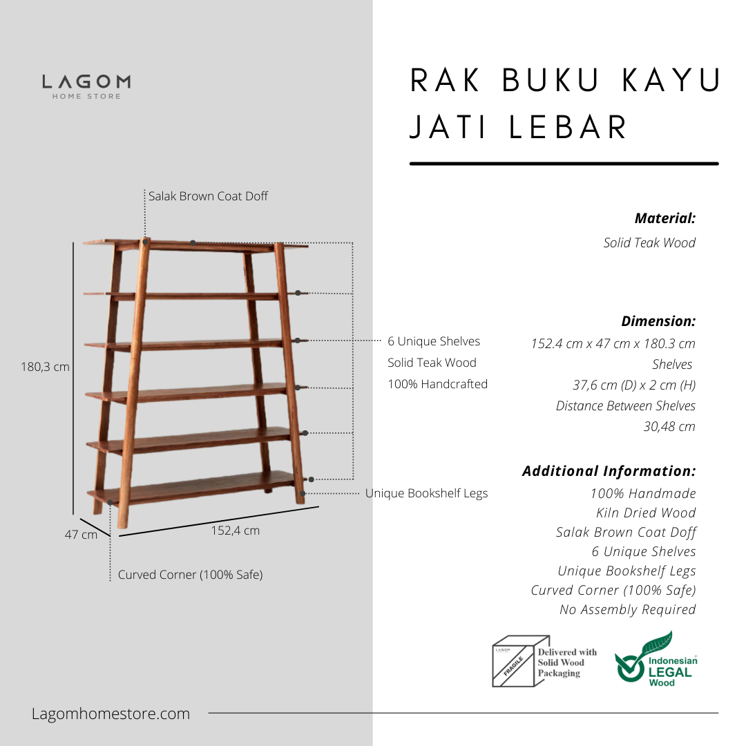 Rak Buku Bertingkat dengan 6 Tingkat Material Kayu Jati Solid Bookshelves Lagom Home Store Jati Furnitur Teak Furniture Jakarta