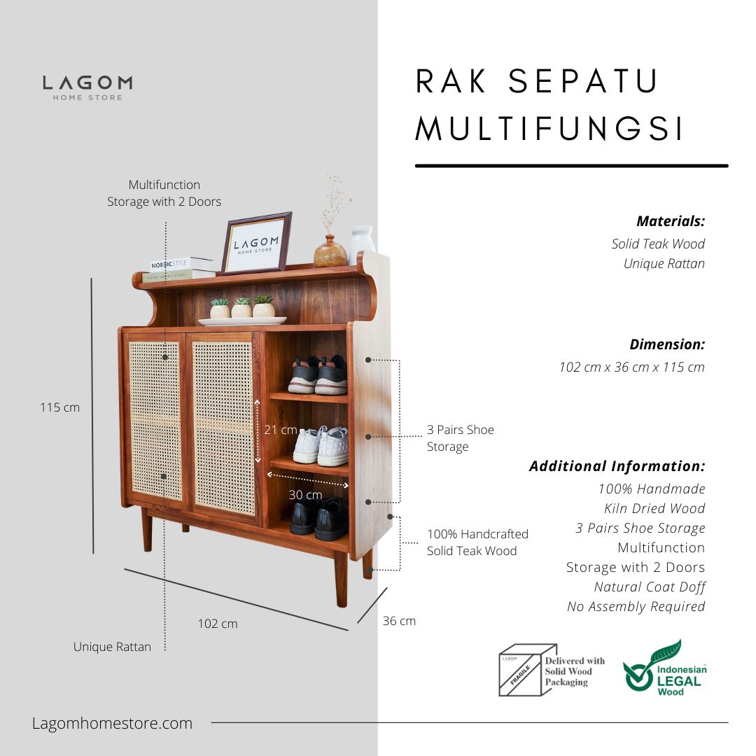 Rak Sepatu Multifungsi dari Kayu Jati Solid dan Rotan Shoe Rack Lagom Home Store Jati Furnitur Teak Furniture Jakarta