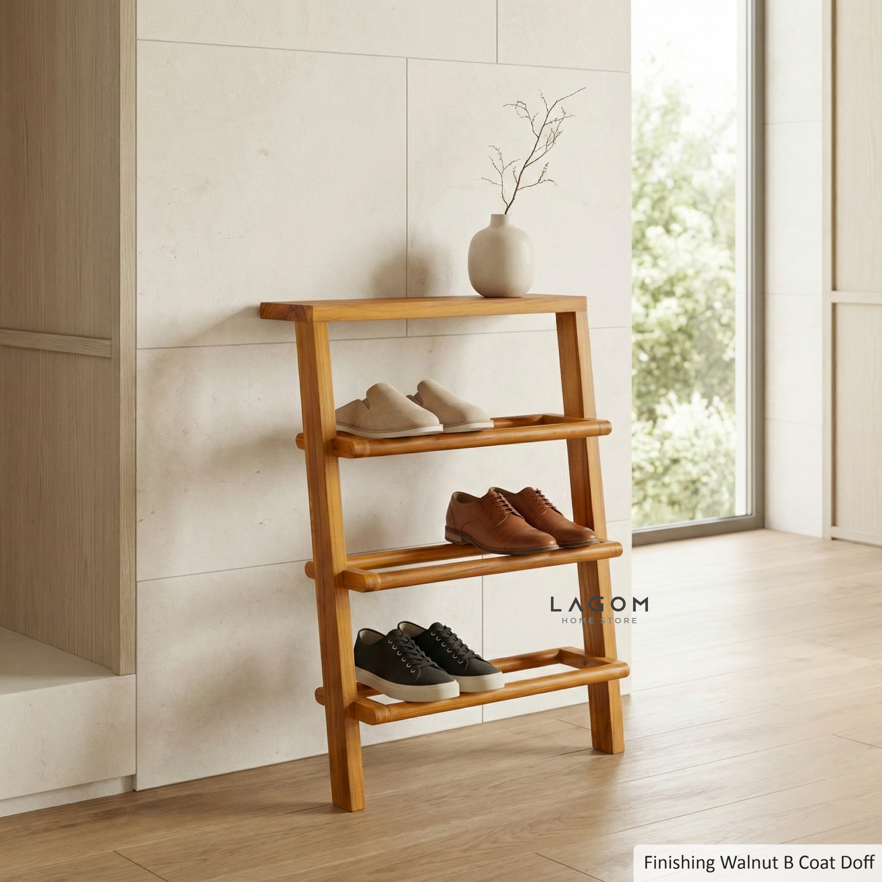 6-Pair Teak Leaning Shoe Rack with Top Shelf