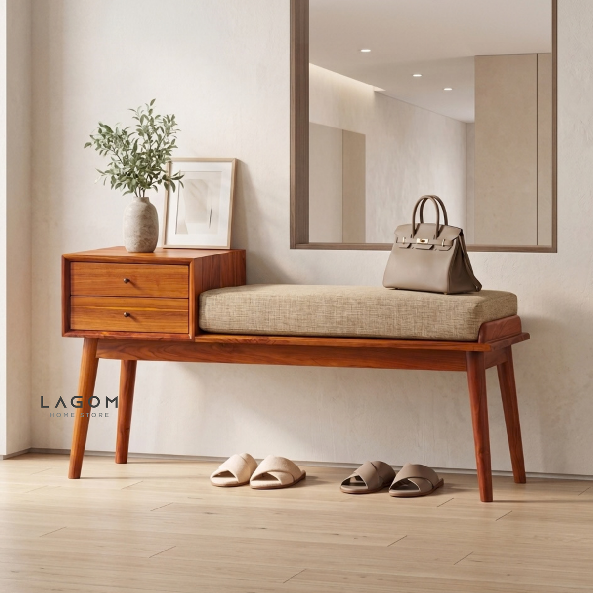 Solid Teak Bench with Two Drawers & Premium Cushion