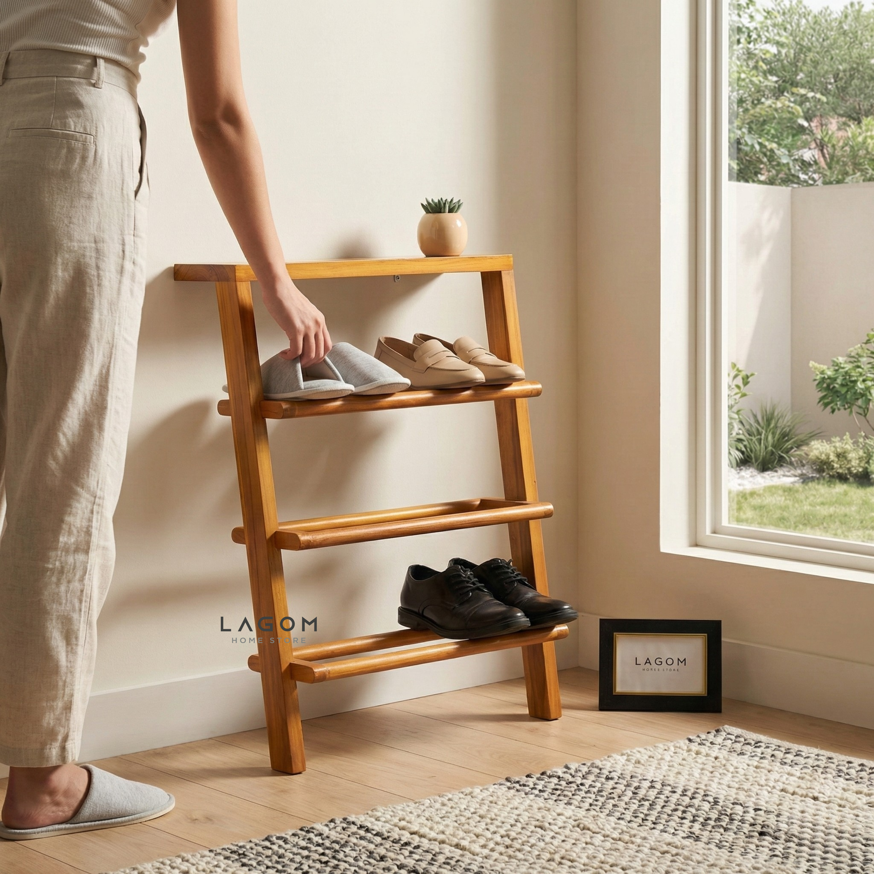 6-Pair Teak Leaning Shoe Rack with Top Shelf