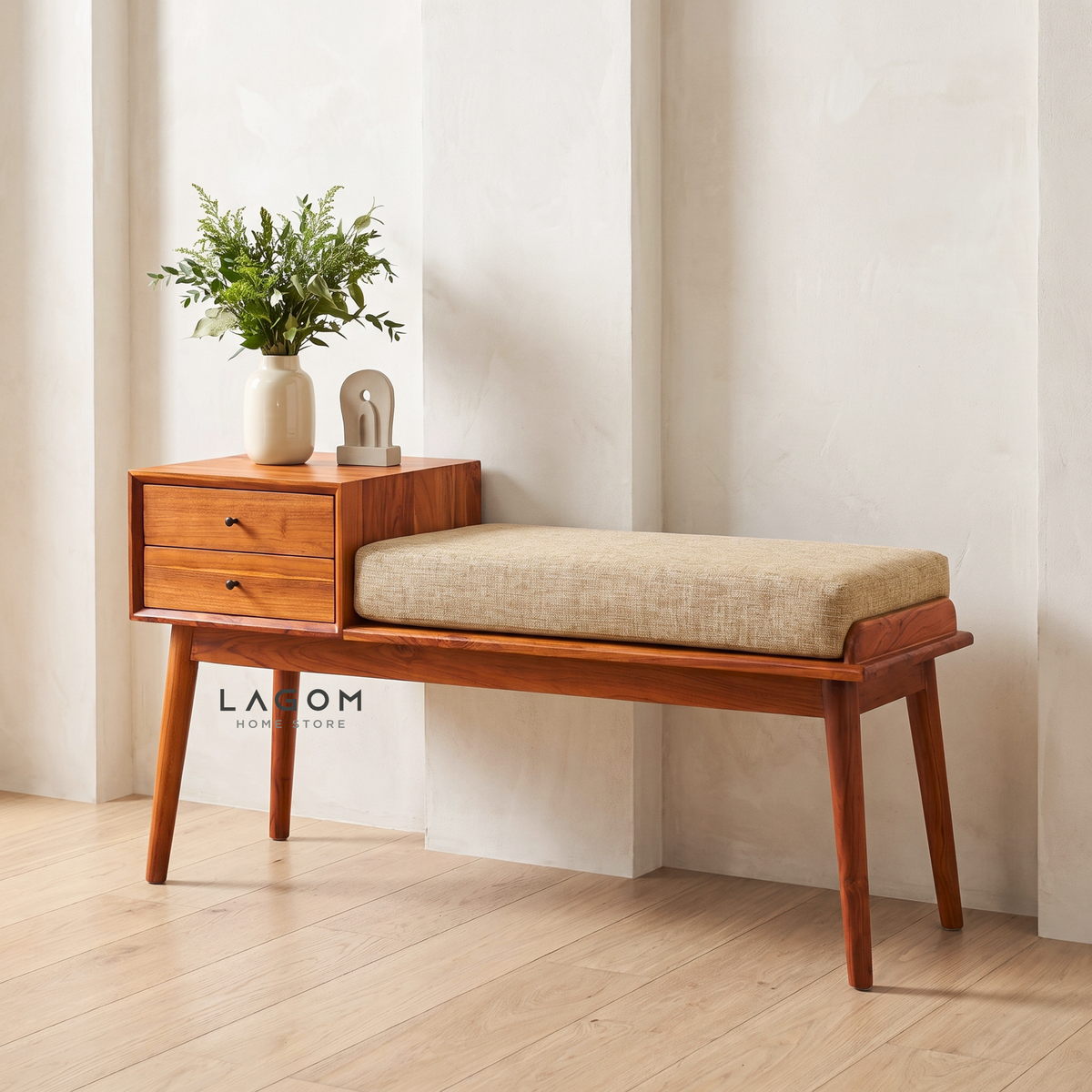 Solid Teak Bench with Two Drawers & Premium Cushion