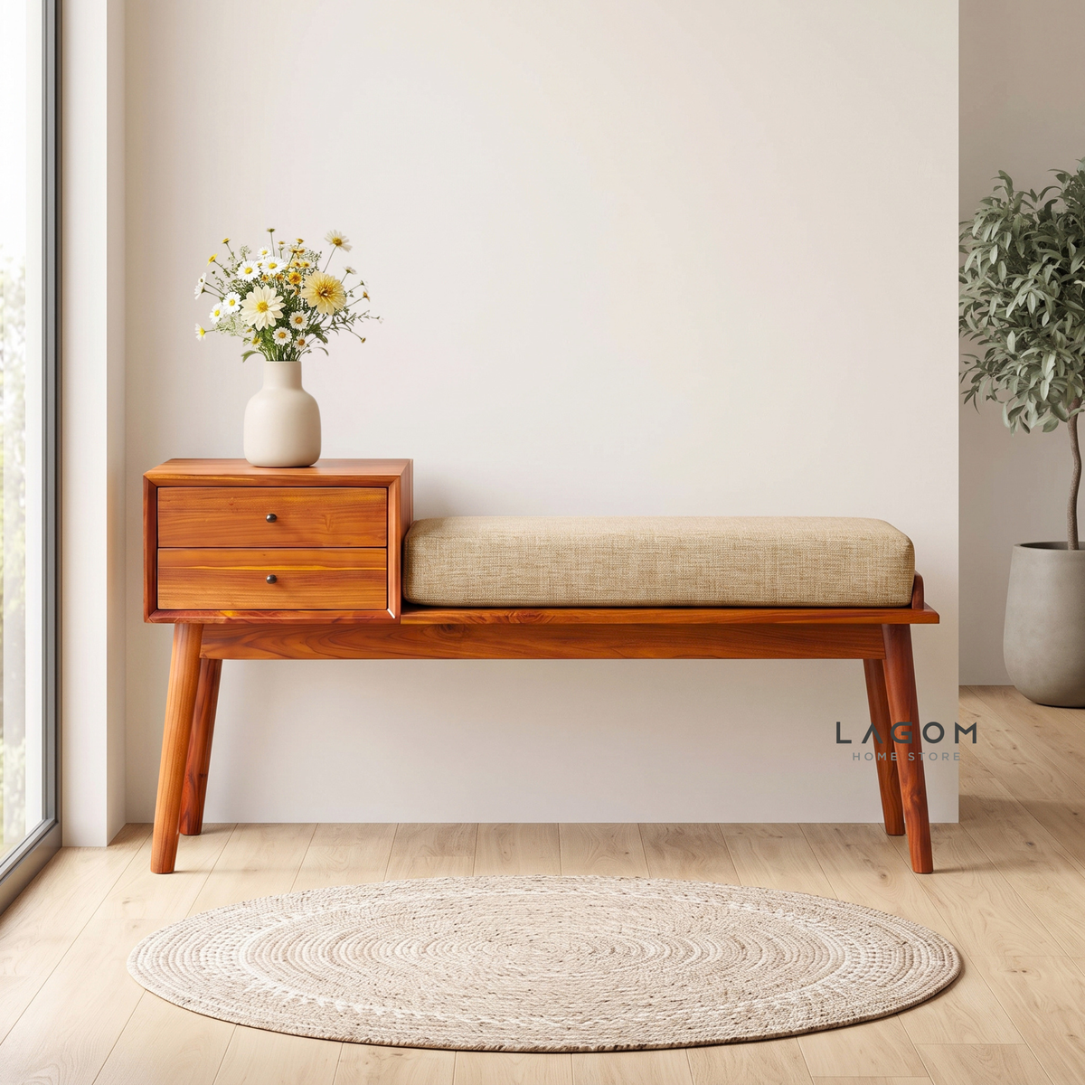 Solid Teak Bench with Two Drawers & Premium Cushion