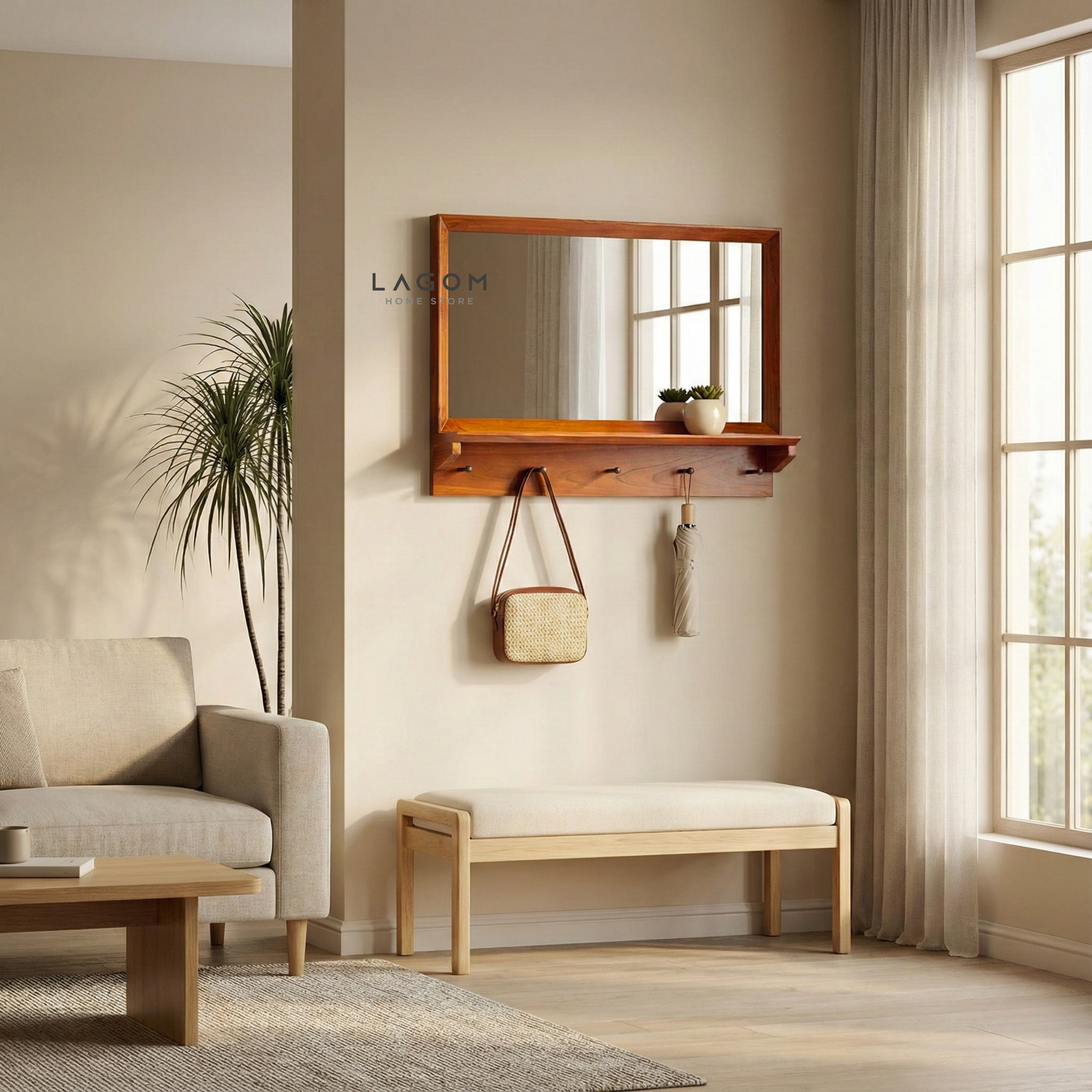 Teak Wood Wall Hanger with Mirror & Shelf