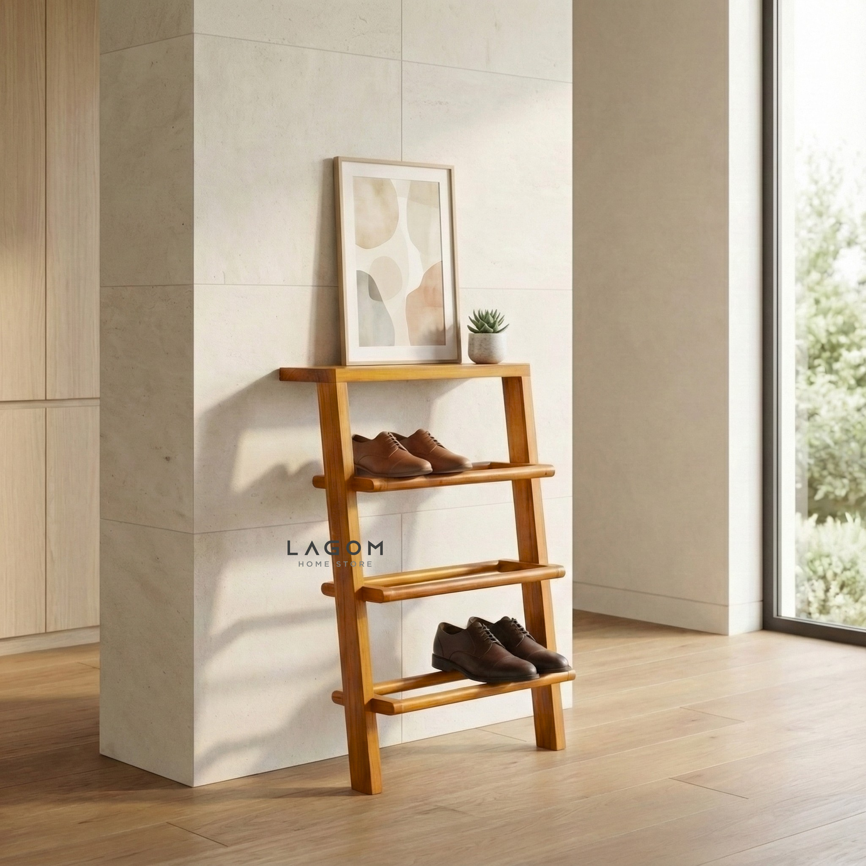 6-Pair Teak Leaning Shoe Rack with Top Shelf