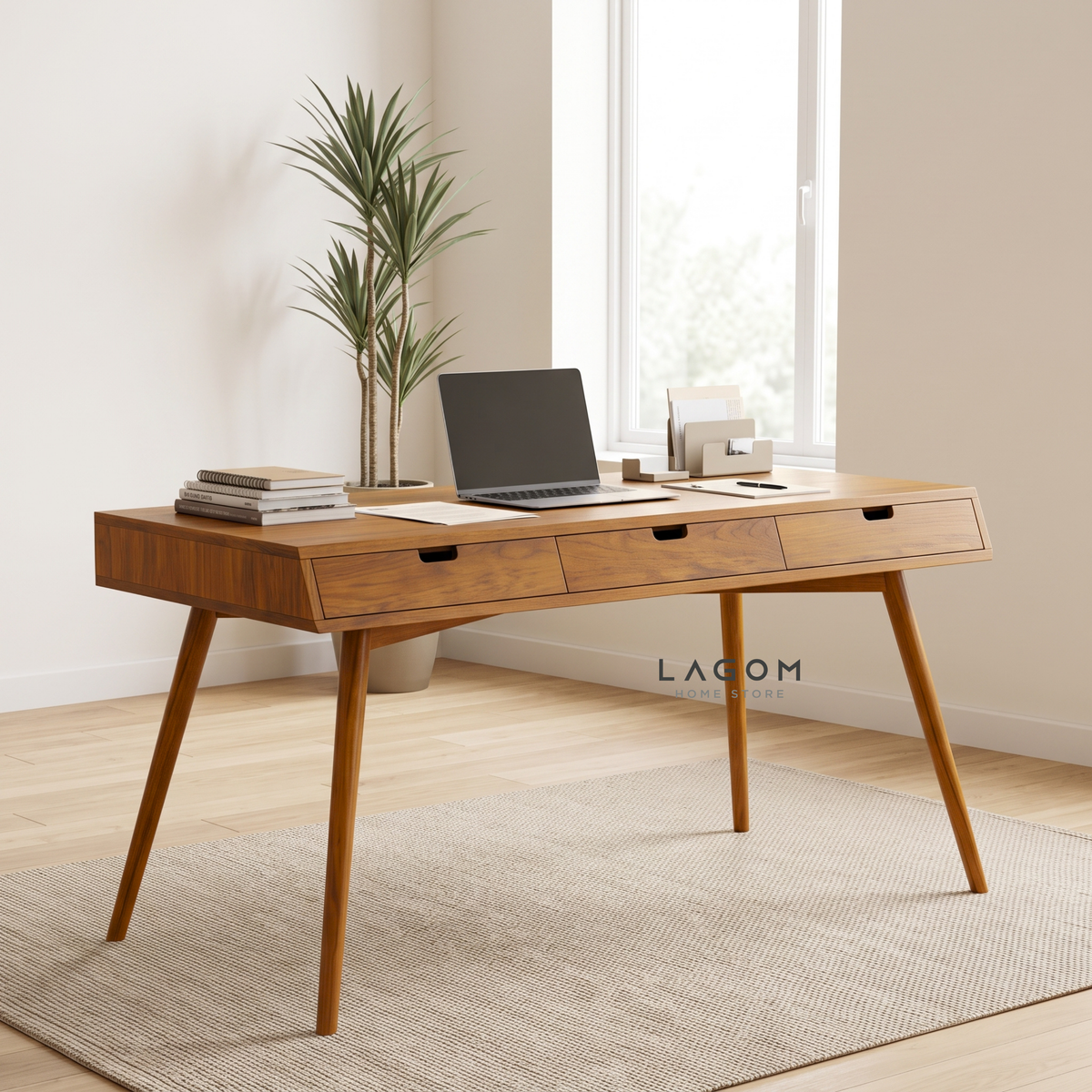 Minimalist Desk with Seating Options | Solid Teak Wood
