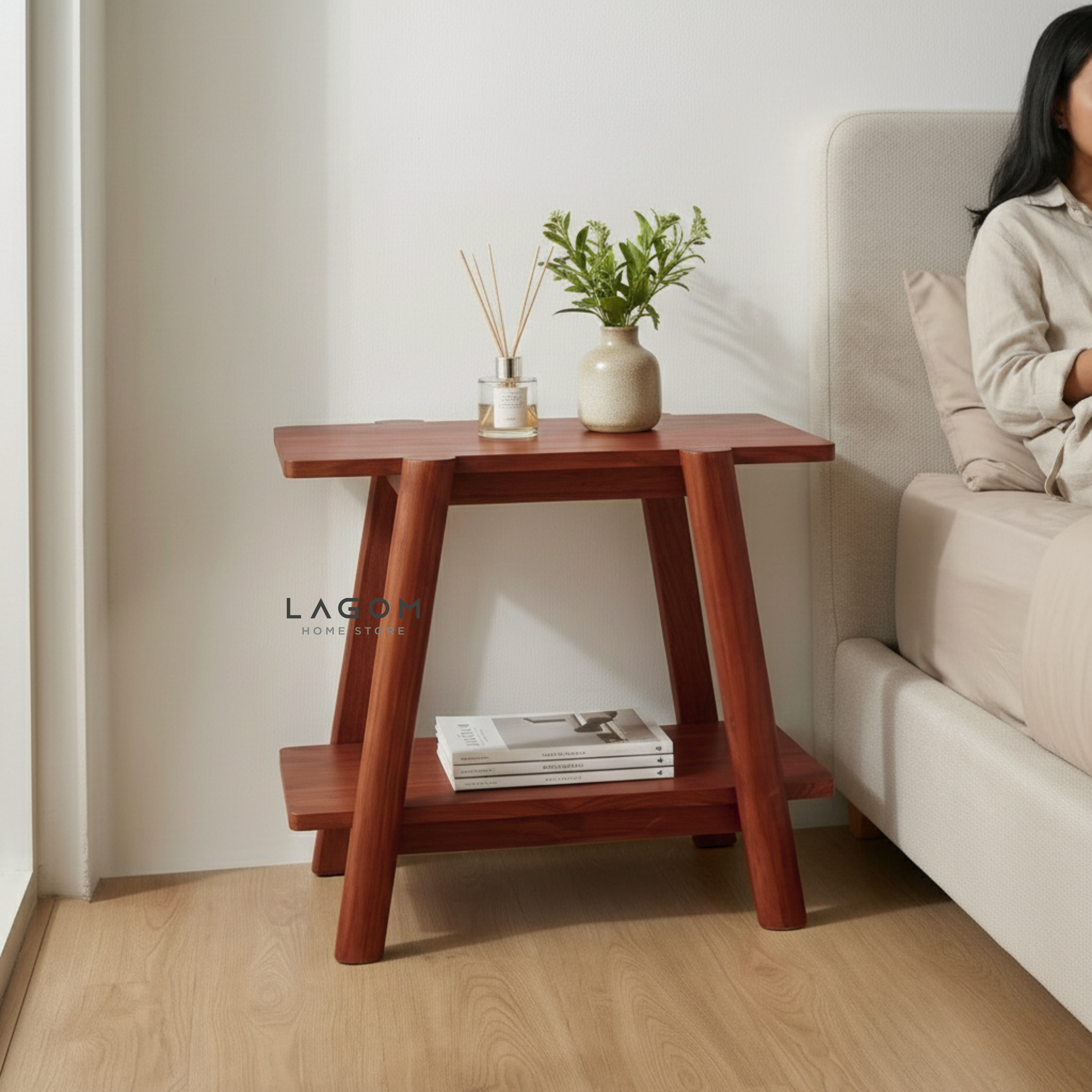 Solid Teak Side Table with Open Shelves