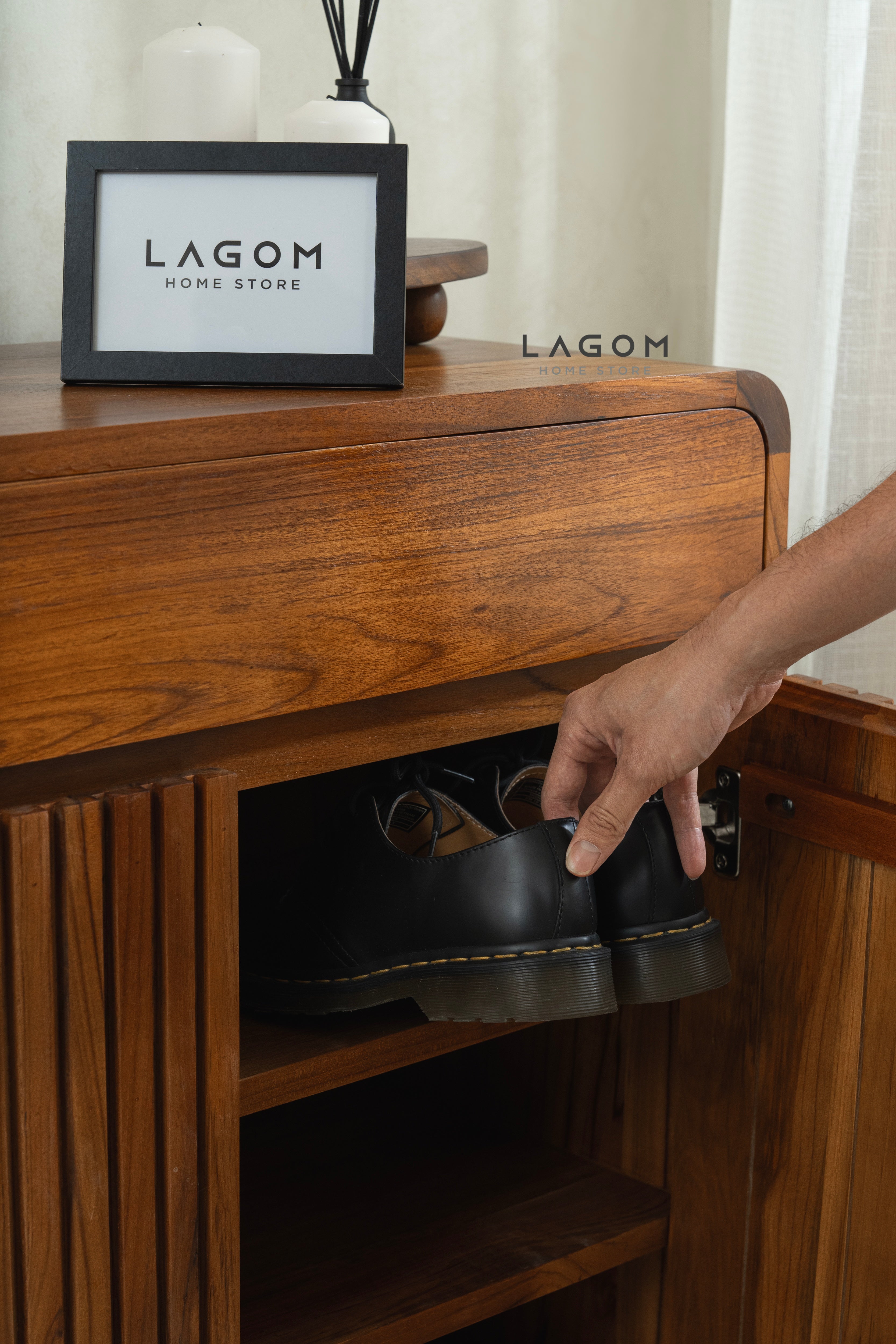 15-Pair Teak Shoe Cabinet with Soft-Close Doors Shoe Storage Lagom Home Store Jati Furnitur Teak Furniture Jakarta