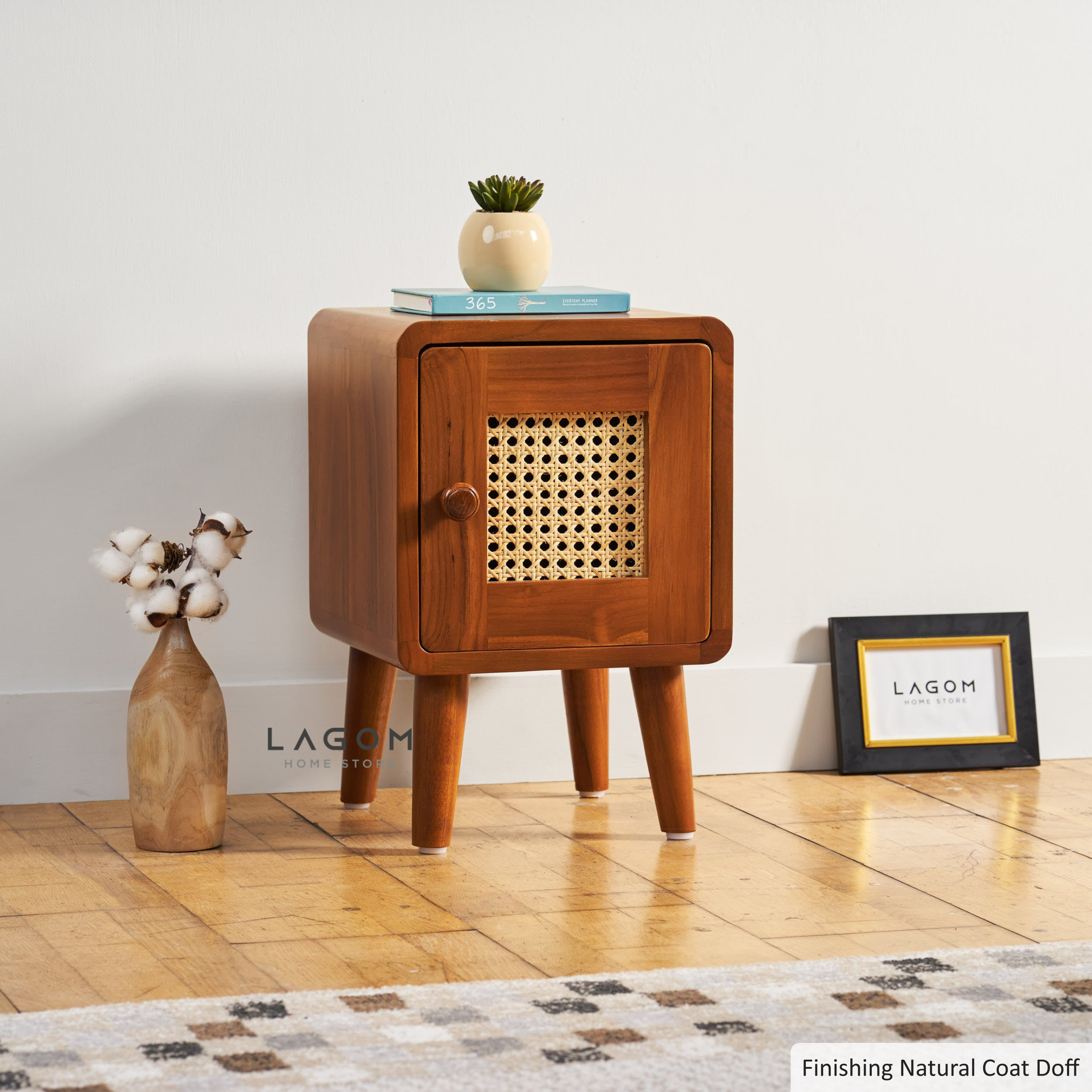 Compact Teak Side Table with Rattan Door