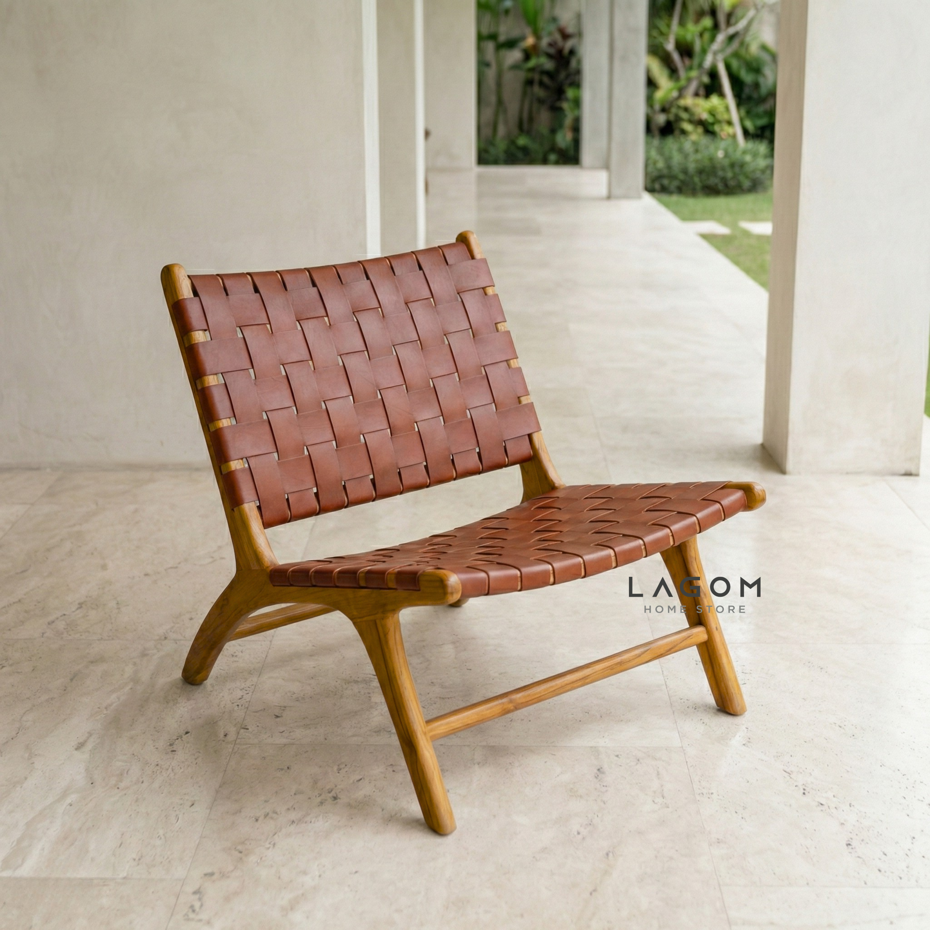 Solid Teak Lounge Chair with Handwoven Leather