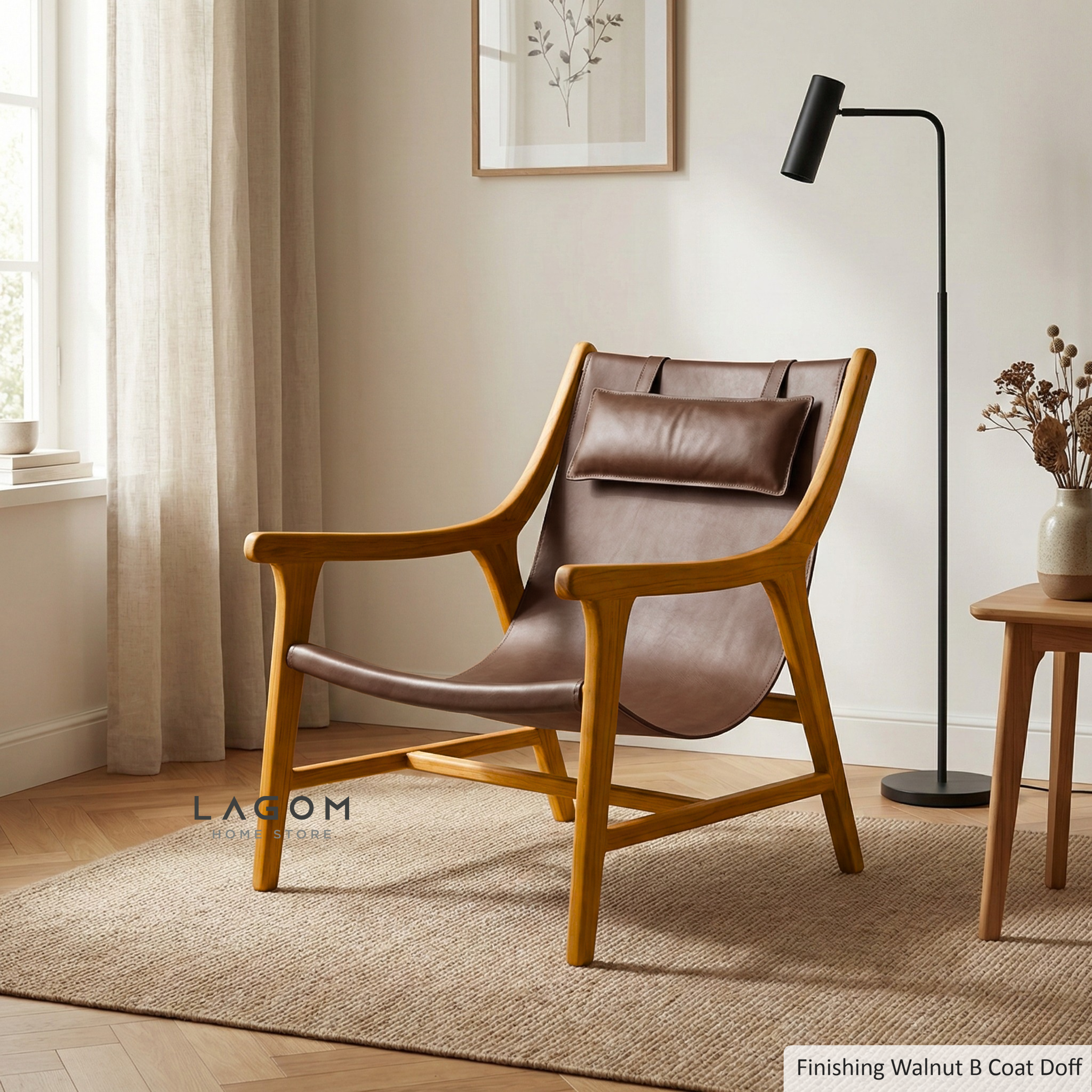 Teak Lounge Chair with Leather Sling Seat