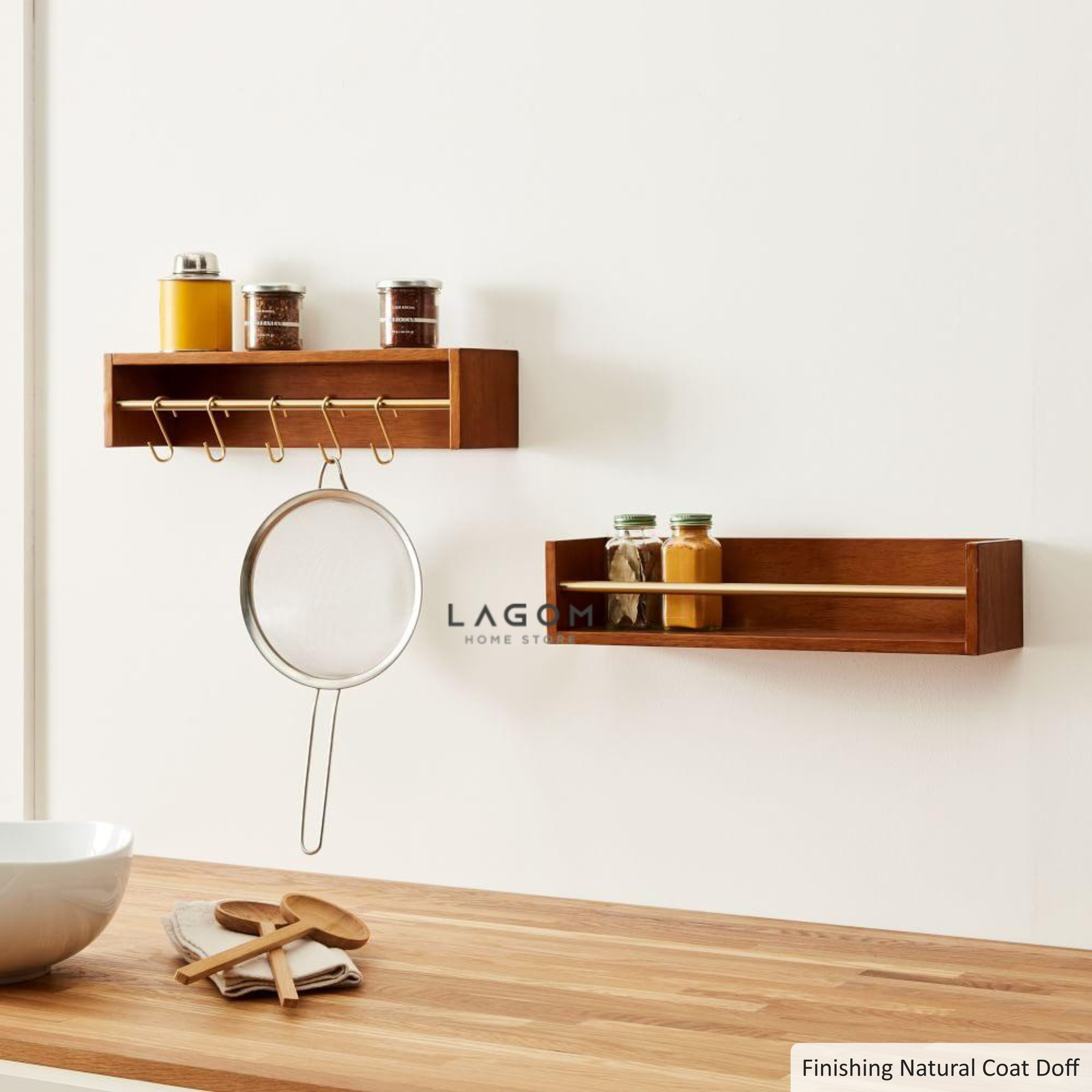 Solid Teak Wall Shelf Set with Brass Accent