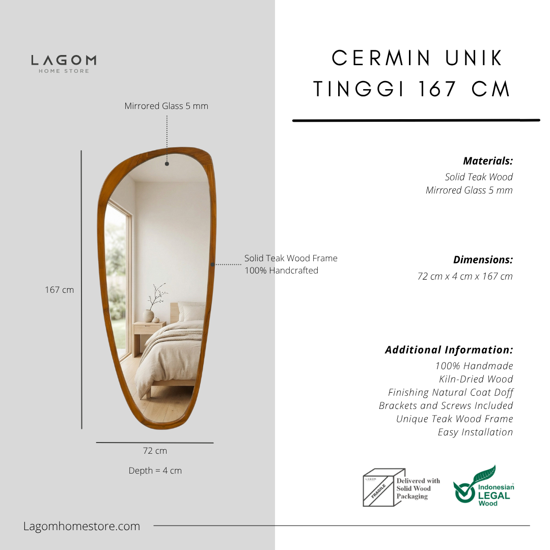 167 cm Full-Body Teak Wall Mirror Mirror Lagom Home Store Jati Furnitur Teak Furniture Jakarta