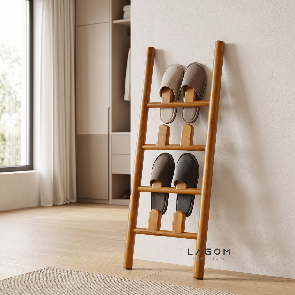 4-Pair Teak Sandal Rack - Leaning Style