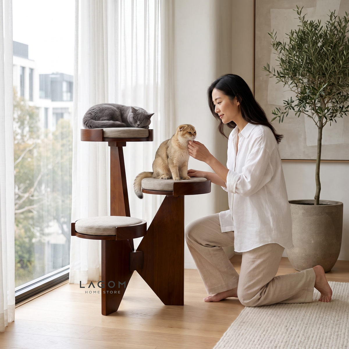 3-Level Solid Teak Cat Tree