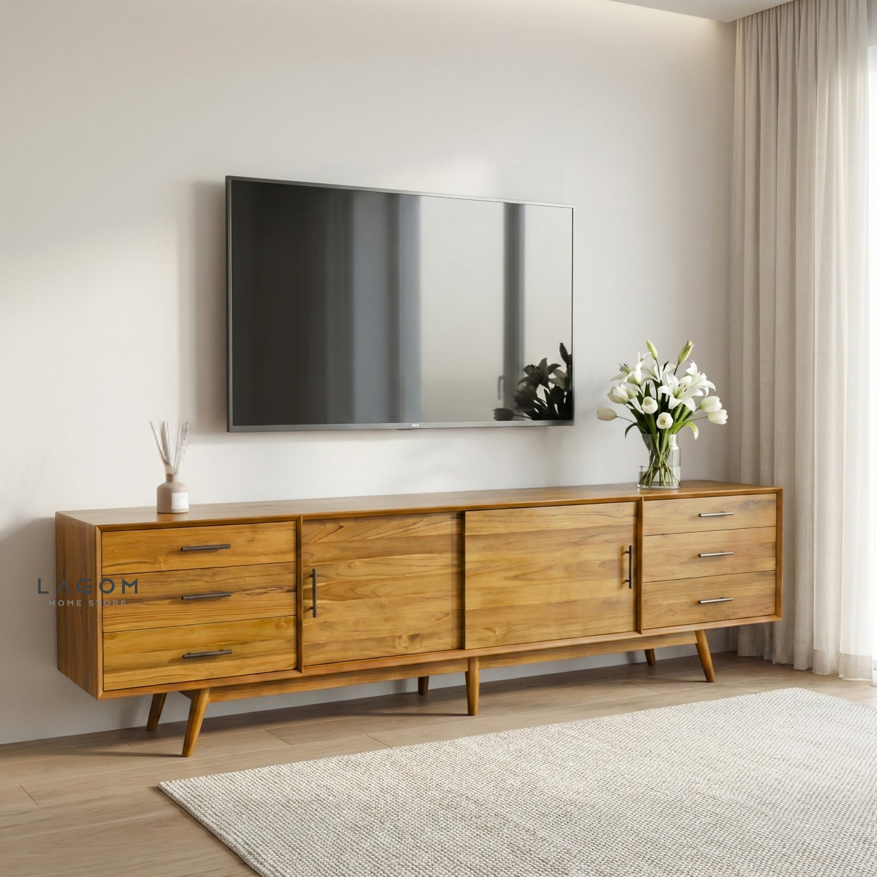 244 cm Teak Wood TV Cabinet with Drawers and Sliding Doors
