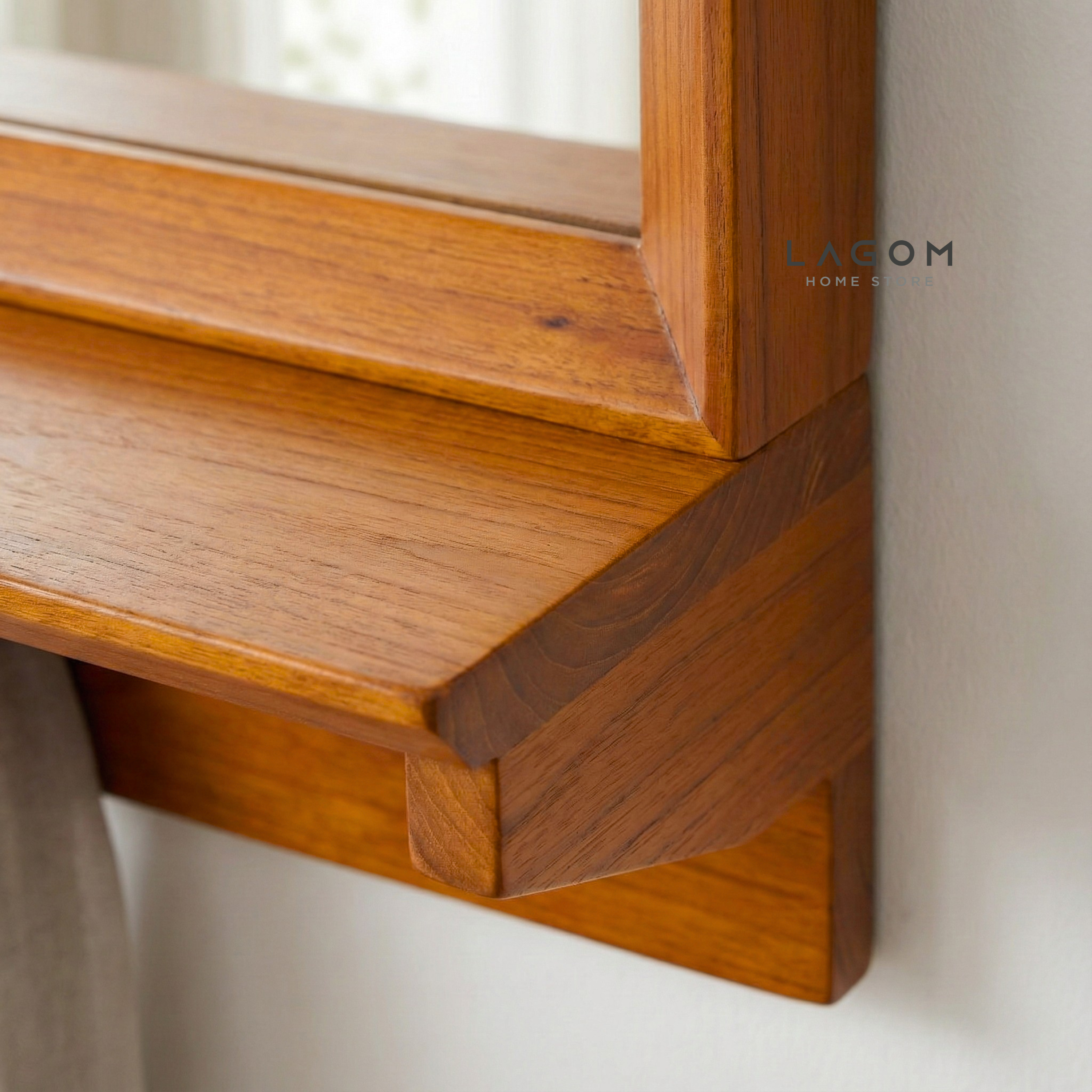Teak Wood Wall Hanger with Mirror & Shelf