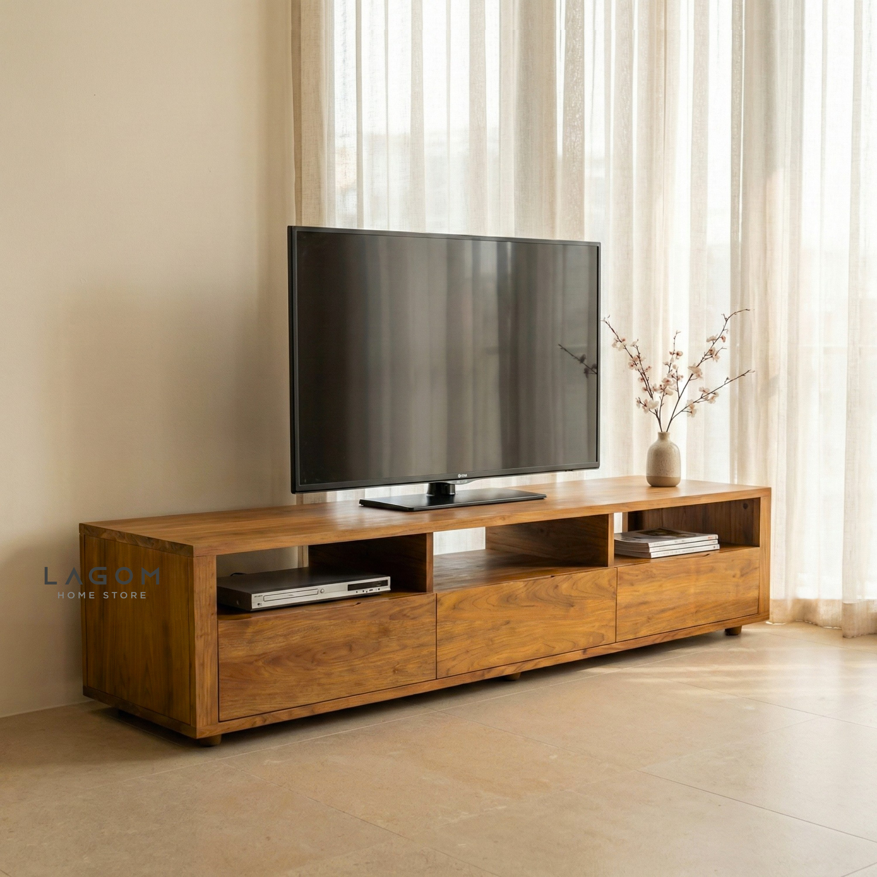 180 cm Solid Teak Wood TV Stand TV Cabinet Lagom Home Store Jati Furnitur Teak Furniture Jakarta