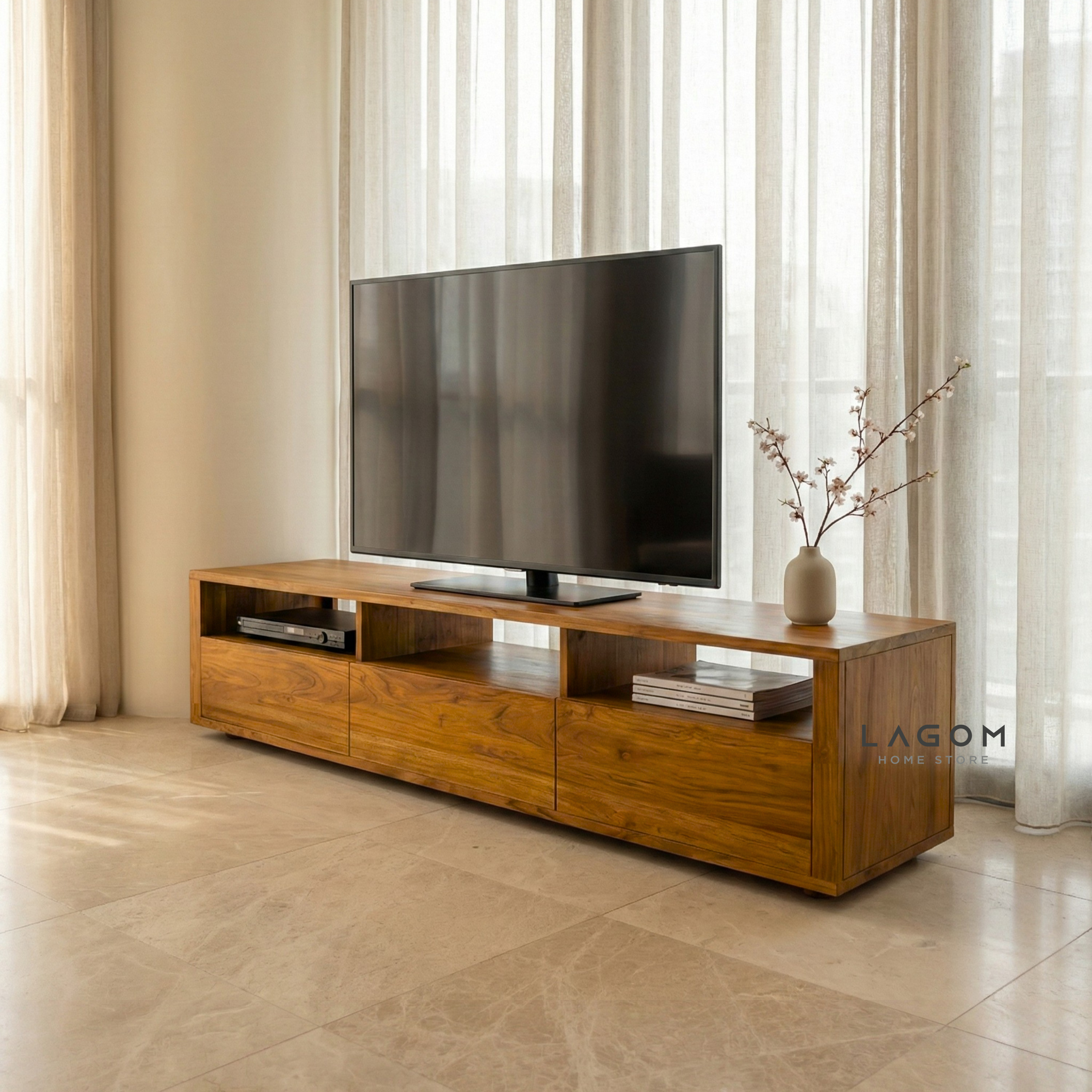 180 cm Solid Teak Wood TV Stand TV Cabinet Lagom Home Store Jati Furnitur Teak Furniture Jakarta