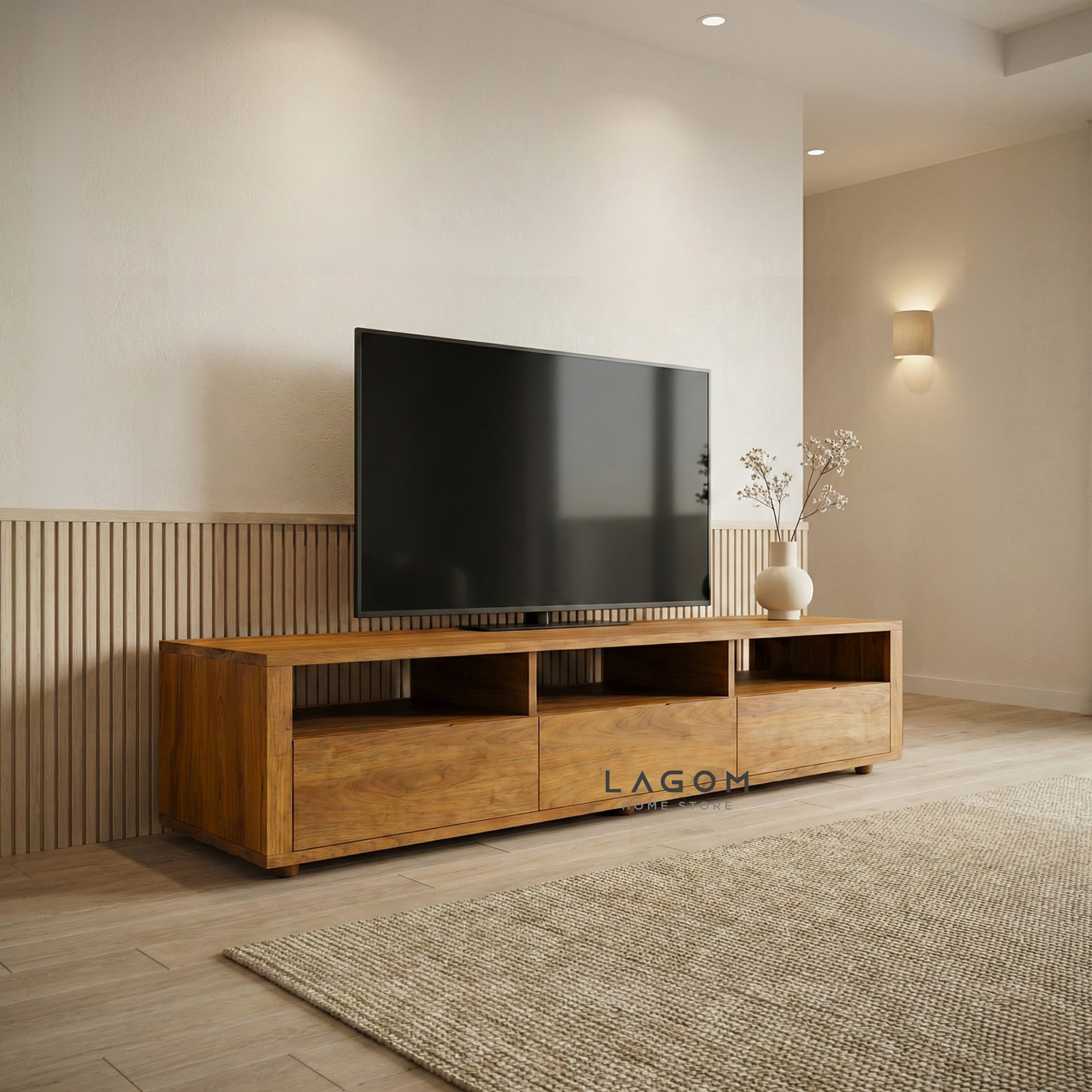 180 cm Solid Teak Wood TV Stand TV Cabinet Lagom Home Store Jati Furnitur Teak Furniture Jakarta