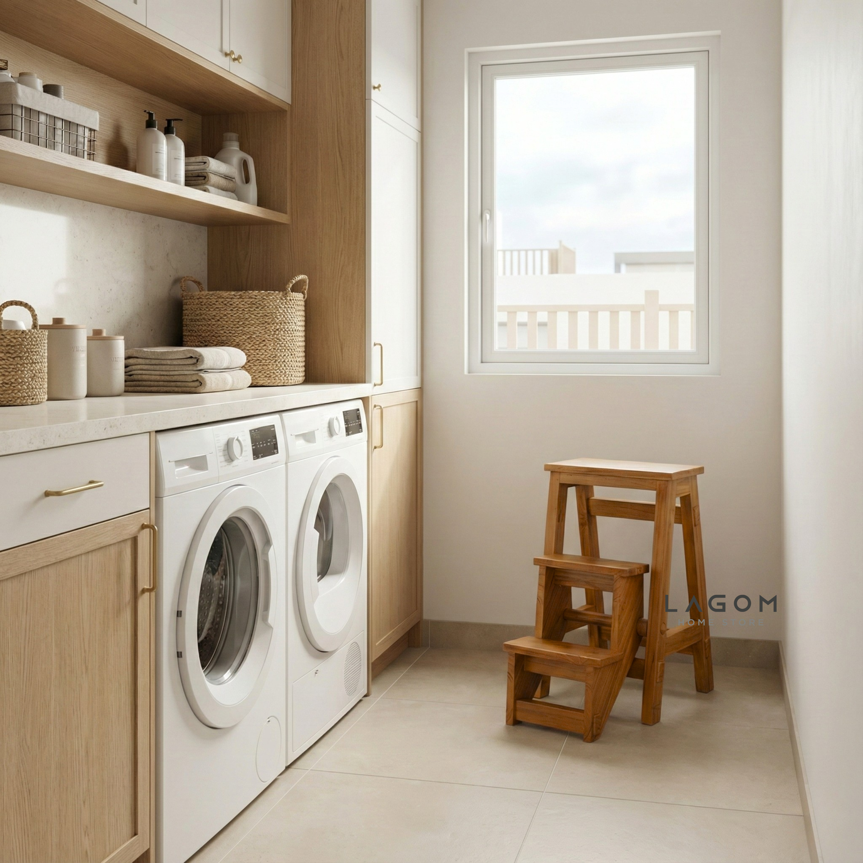 Teak Wood Convertible Step Stool & Bar Stool