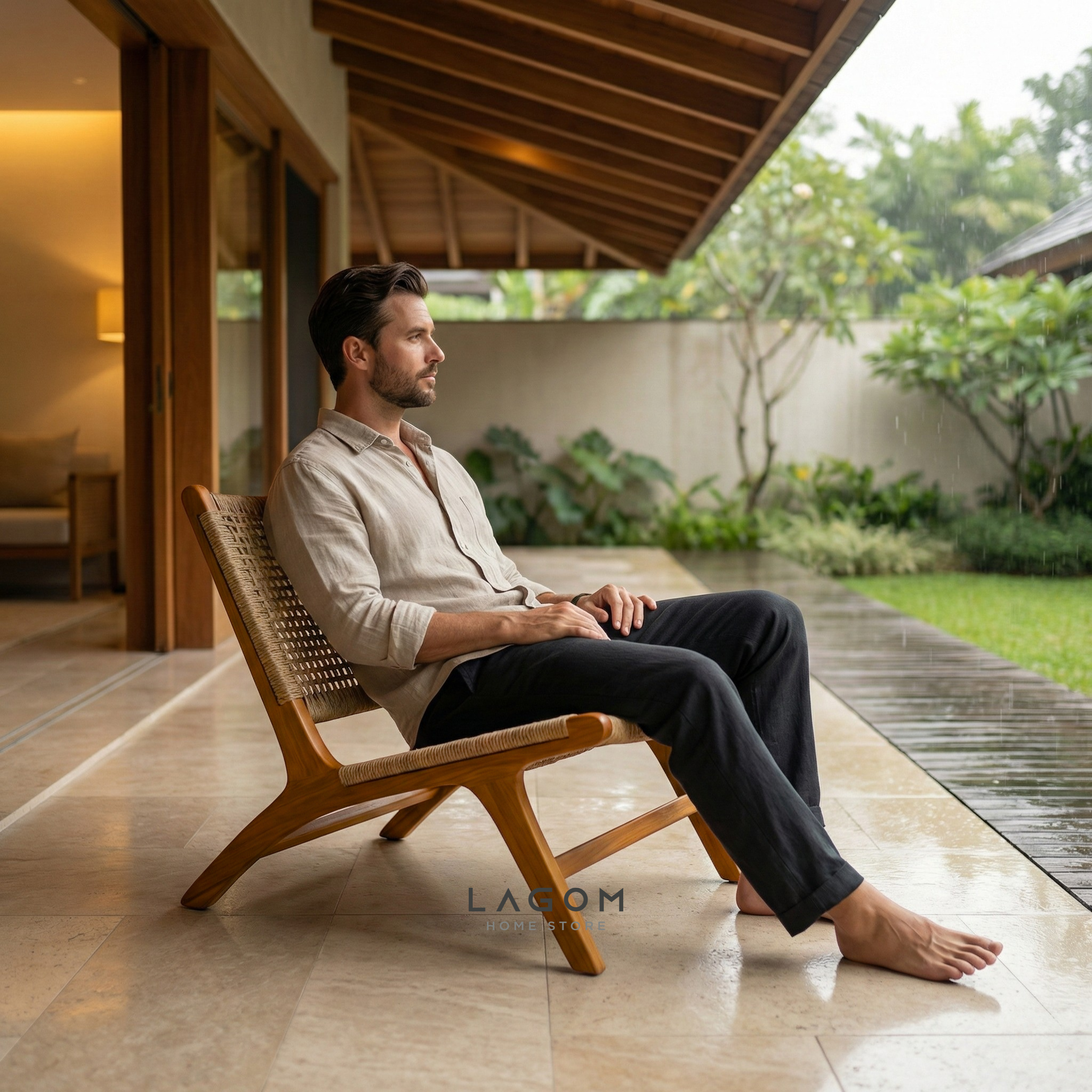 Solid Teak Lounge Chair with Handwoven Poly Hyacinth
