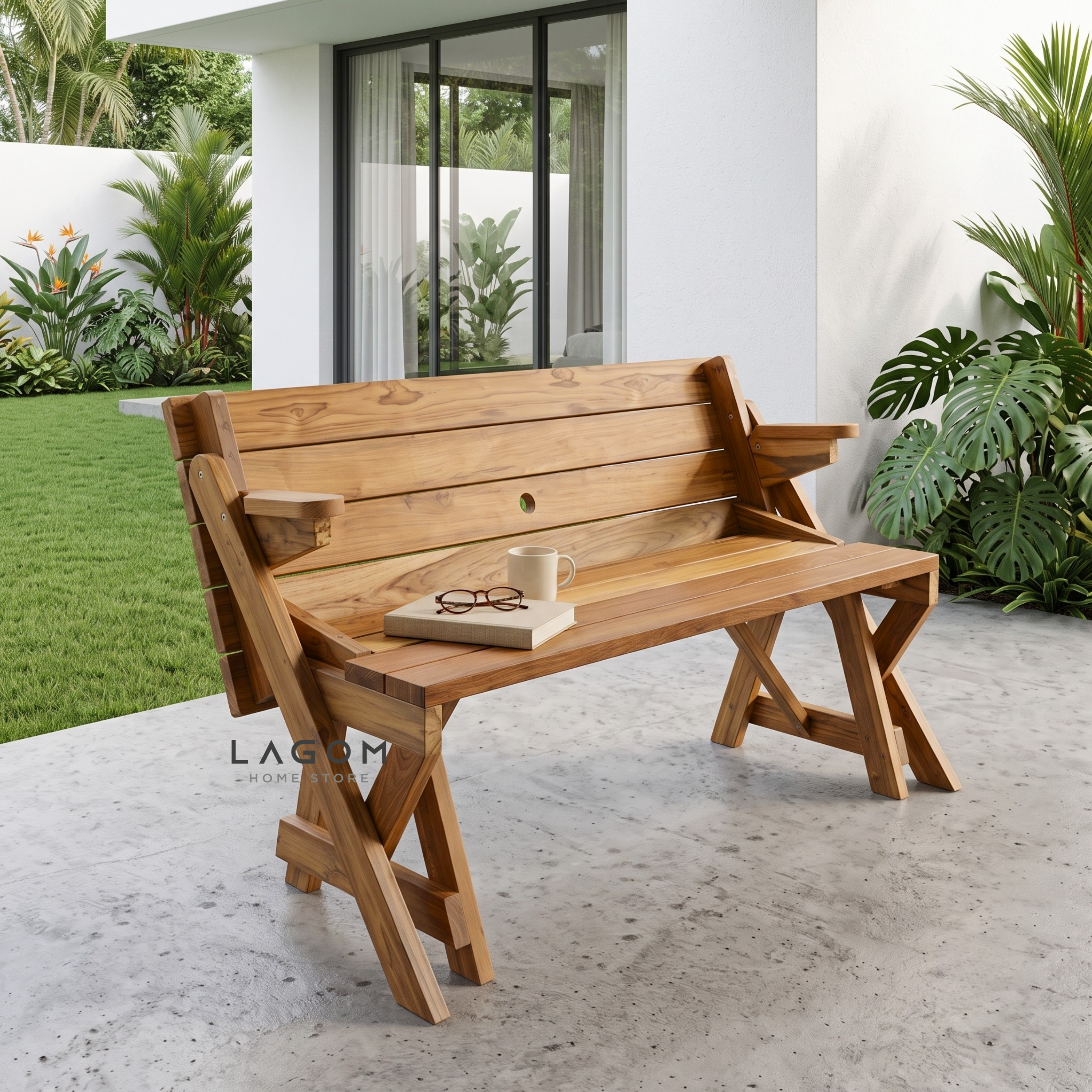 2-in-1 Reclaimed Teak Outdoor Bench & Table Set Outdoor Table Set Lagom Home Store Jati Furnitur Teak Furniture Jakarta