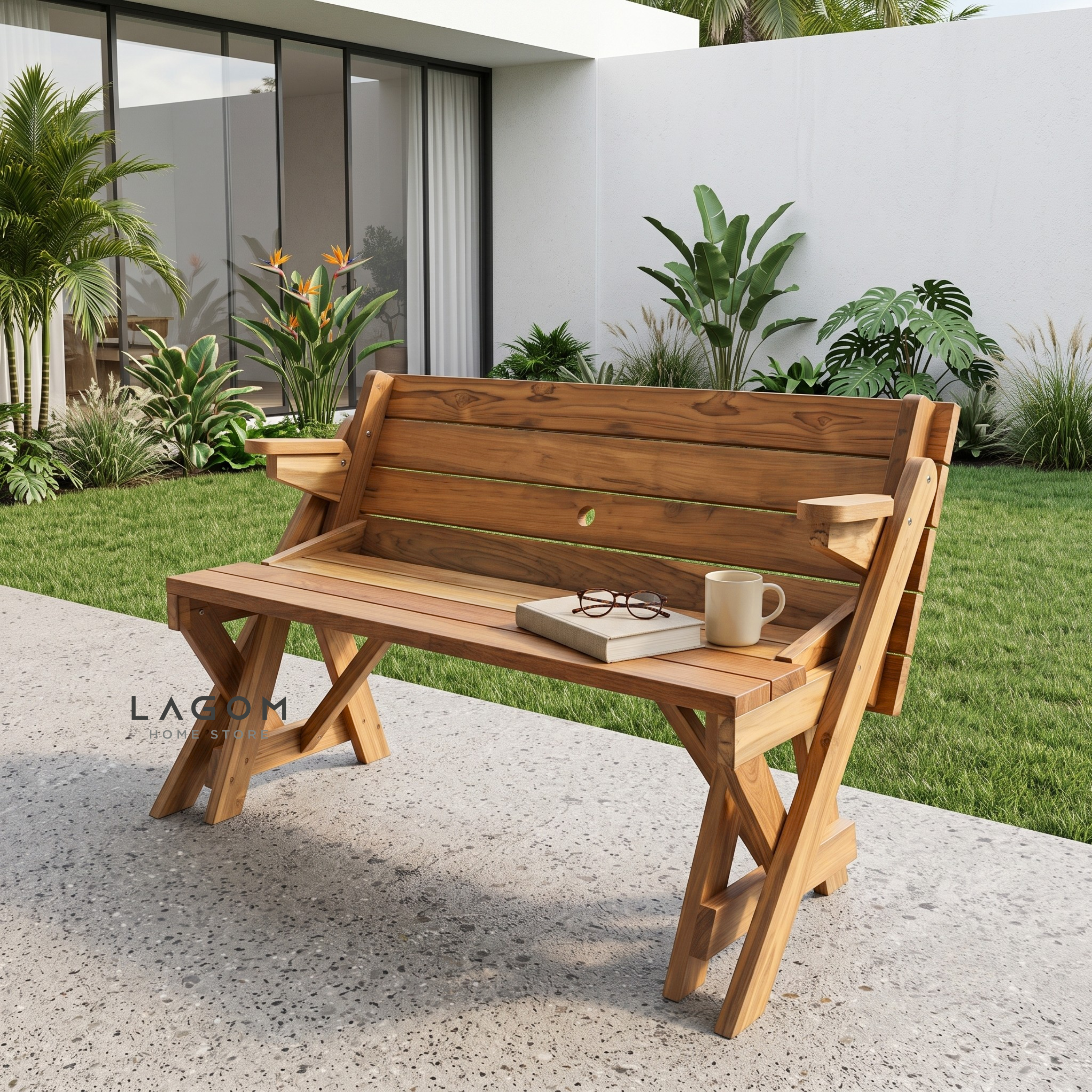 2-in-1 Reclaimed Teak Outdoor Bench & Table Set Outdoor Table Set Lagom Home Store Jati Furnitur Teak Furniture Jakarta