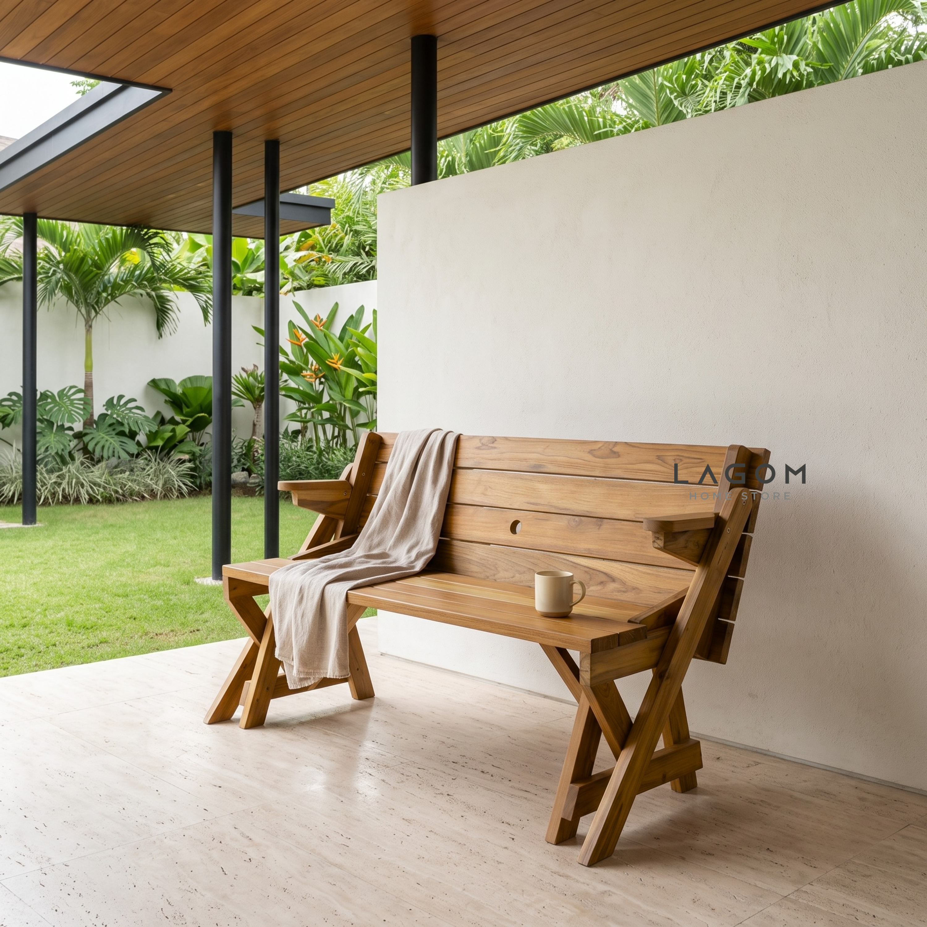 2-in-1 Reclaimed Teak Outdoor Bench & Table Set Outdoor Table Set Lagom Home Store Jati Furnitur Teak Furniture Jakarta
