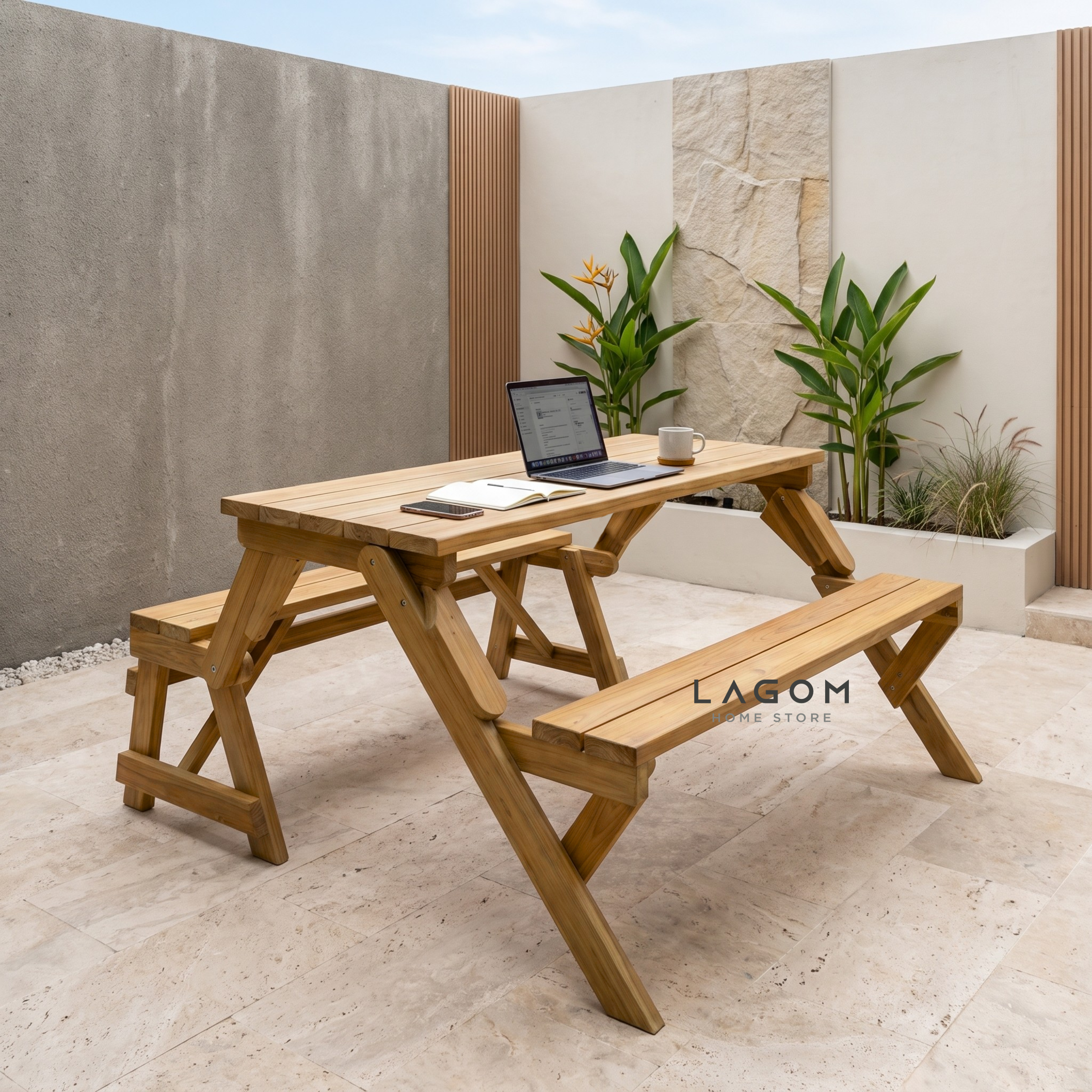 2-in-1 Reclaimed Teak Outdoor Bench & Table Set Outdoor Table Set Lagom Home Store Jati Furnitur Teak Furniture Jakarta