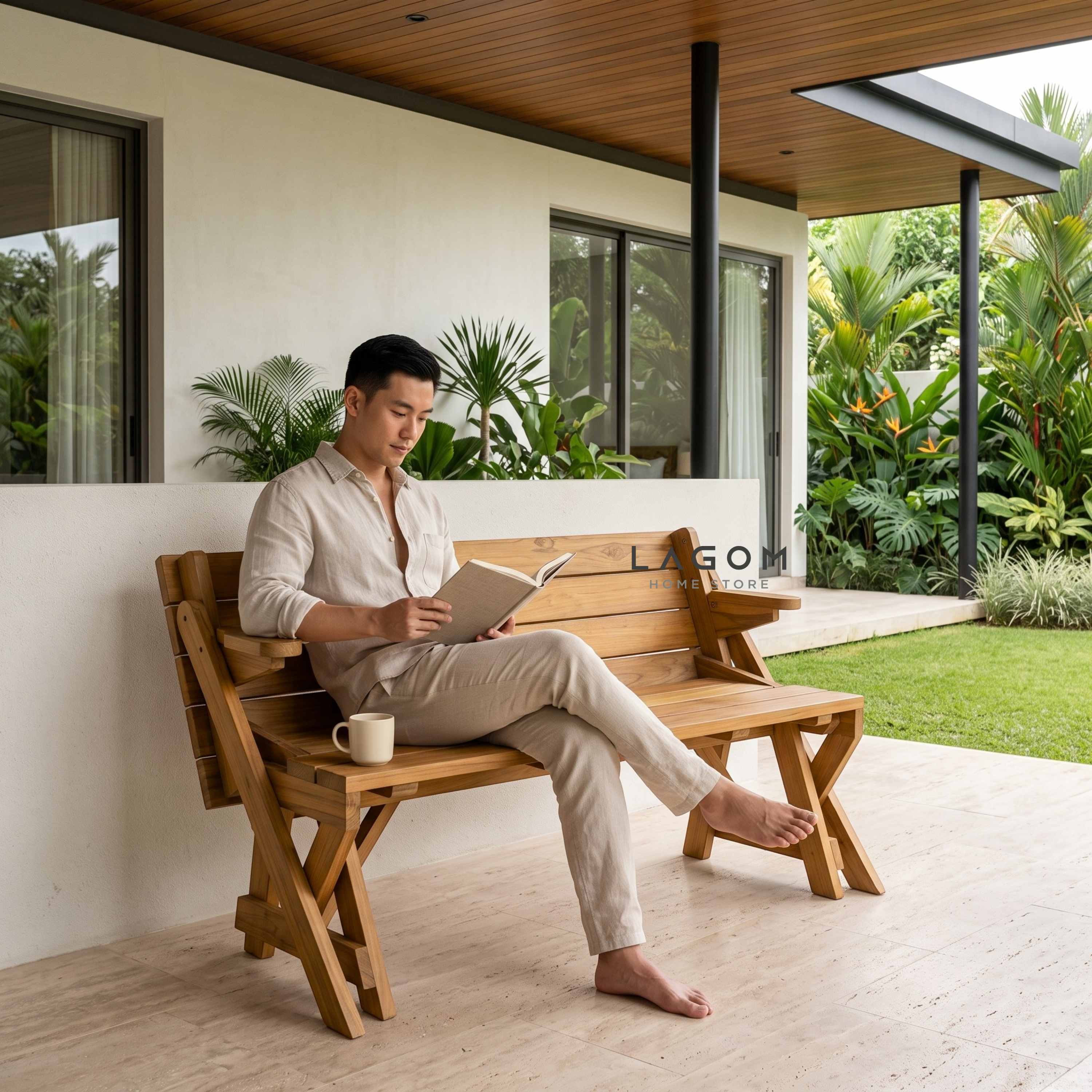 2-in-1 Reclaimed Teak Outdoor Bench & Table Set Outdoor Table Set Lagom Home Store Jati Furnitur Teak Furniture Jakarta