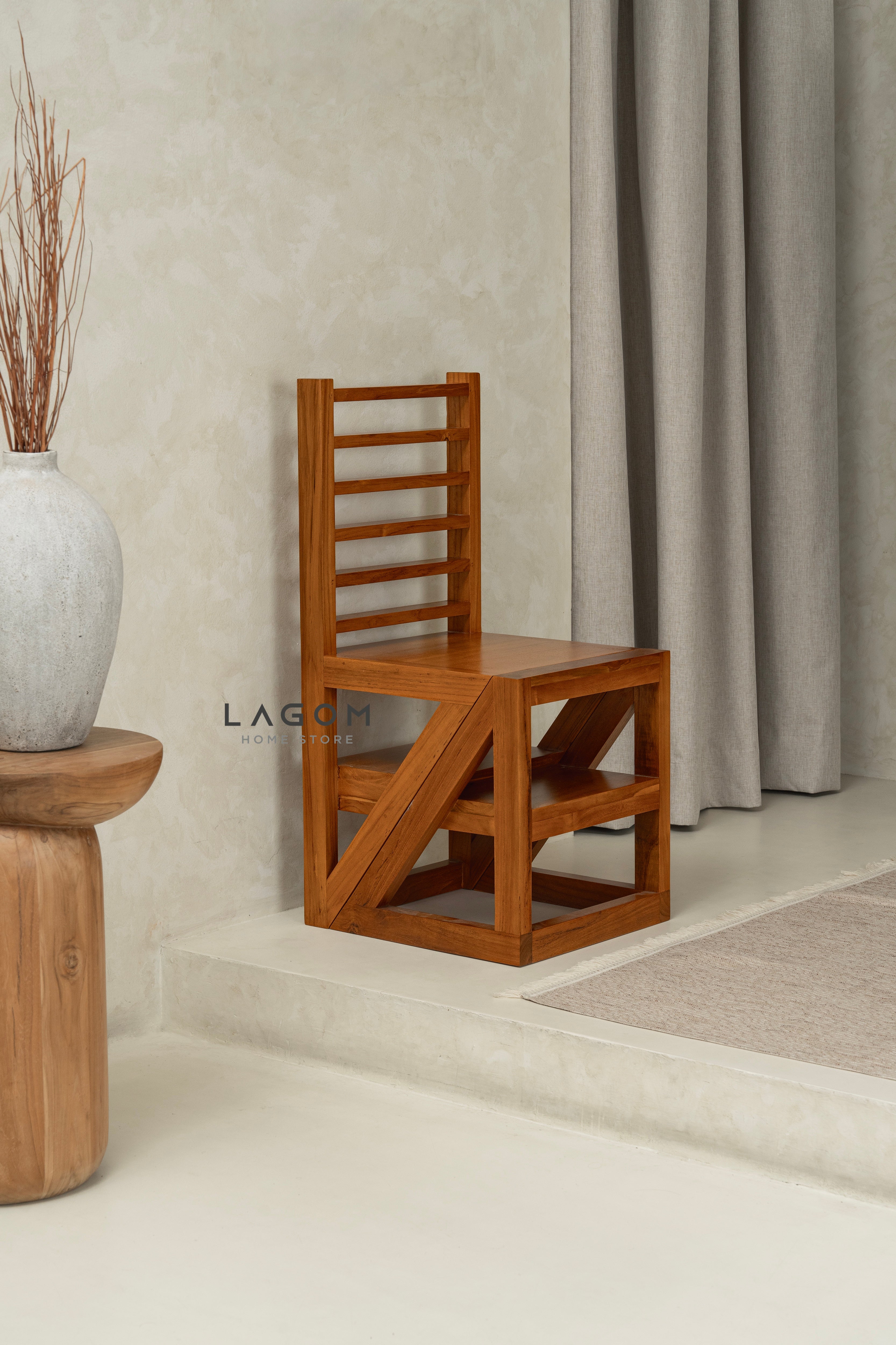 2-in-1 Teak Wood Step Stool & Chair - Smart & Sturdy Design Step Stool Lagom Home Store Jati Furnitur Teak Furniture Jakarta
