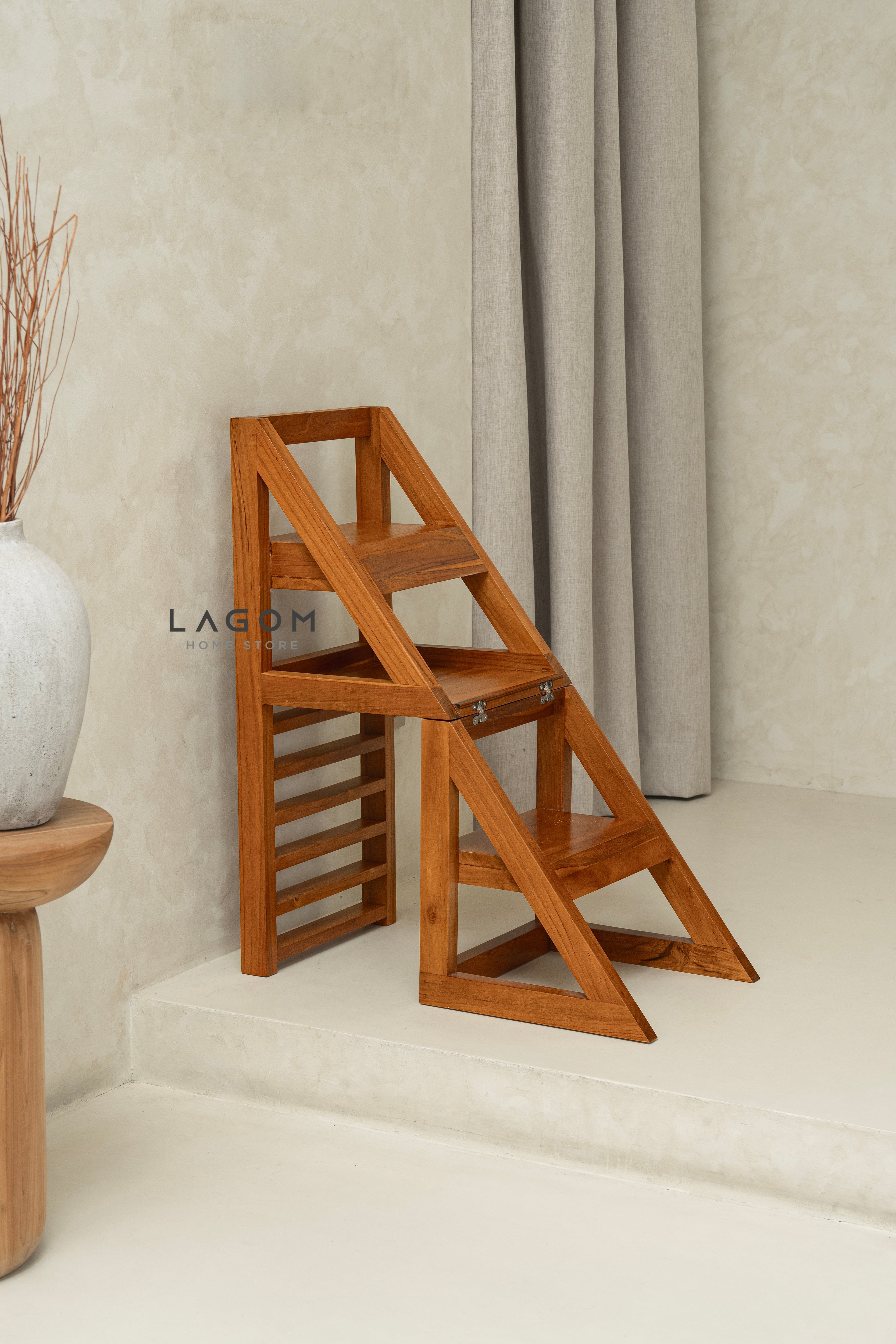2-in-1 Teak Wood Step Stool & Chair - Smart & Sturdy Design Step Stool Lagom Home Store Jati Furnitur Teak Furniture Jakarta