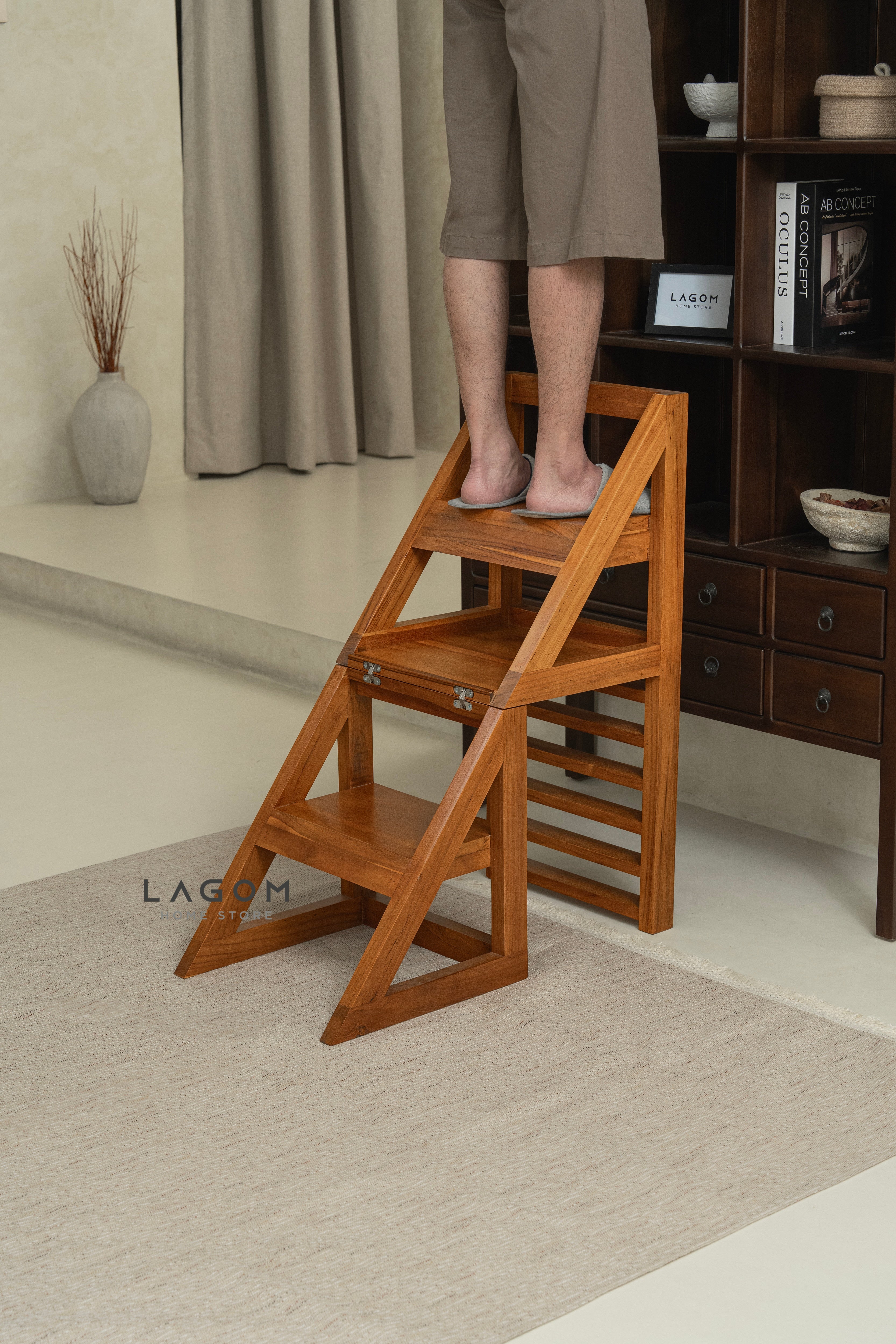2-in-1 Teak Wood Step Stool & Chair - Smart & Sturdy Design Step Stool Lagom Home Store Jati Furnitur Teak Furniture Jakarta