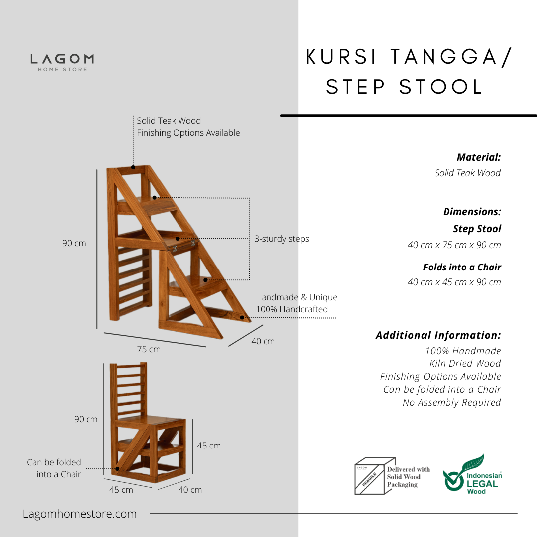 2-in-1 Teak Wood Step Stool & Chair - Smart & Sturdy Design Step Stool Lagom Home Store Jati Furnitur Teak Furniture Jakarta